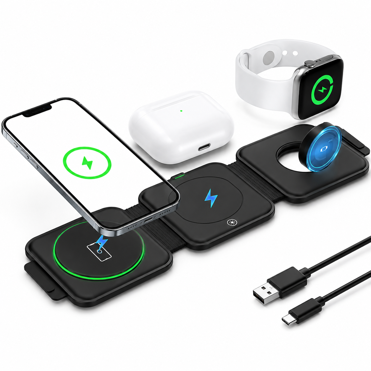 Premium Wireless Charger 3 In 1 Foldable MagSafe Compatible Fast Charging Station Magnetic Portable Charging Dock Smartphone Watch Earbuds
