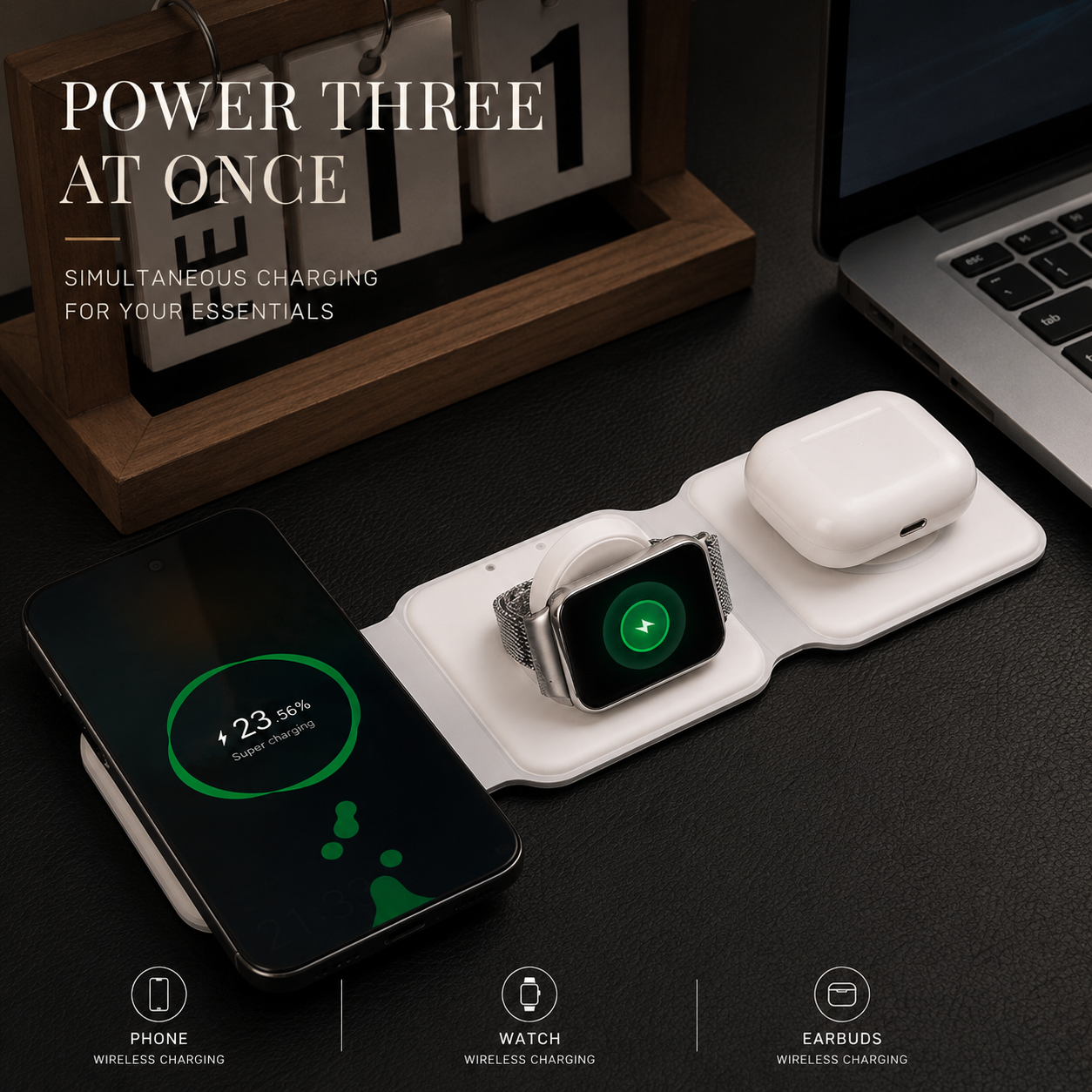 Premium Wireless Charger 3 In 1 Foldable MagSafe Compatible Fast Charging Station Magnetic Portable Charging Dock Smartphone Watch Earbuds