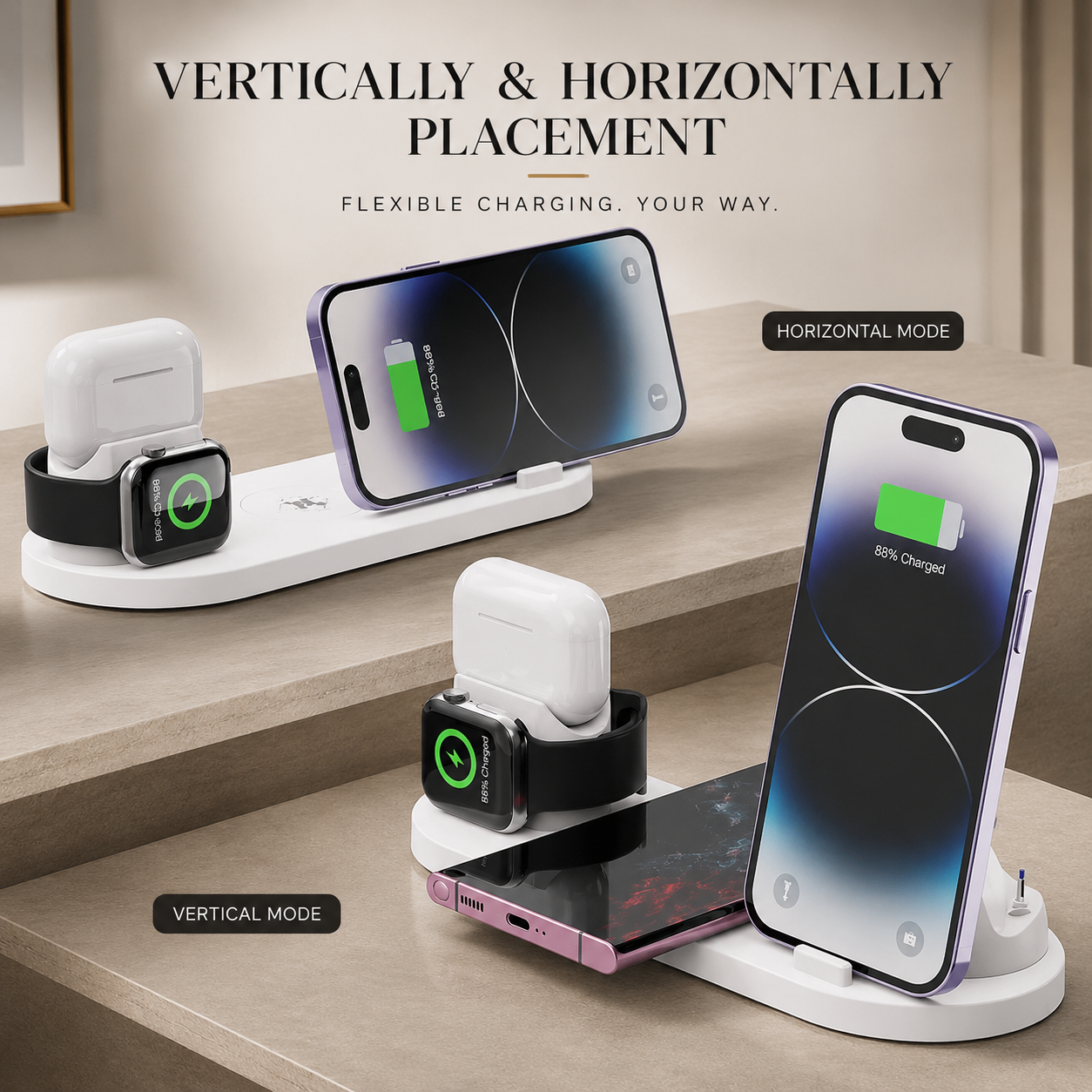 Premium Wireless Charger 7 In 1 Fast Charging Station Foldable Multi Device Charging Dock Smartphone Watch Earbuds Compatible