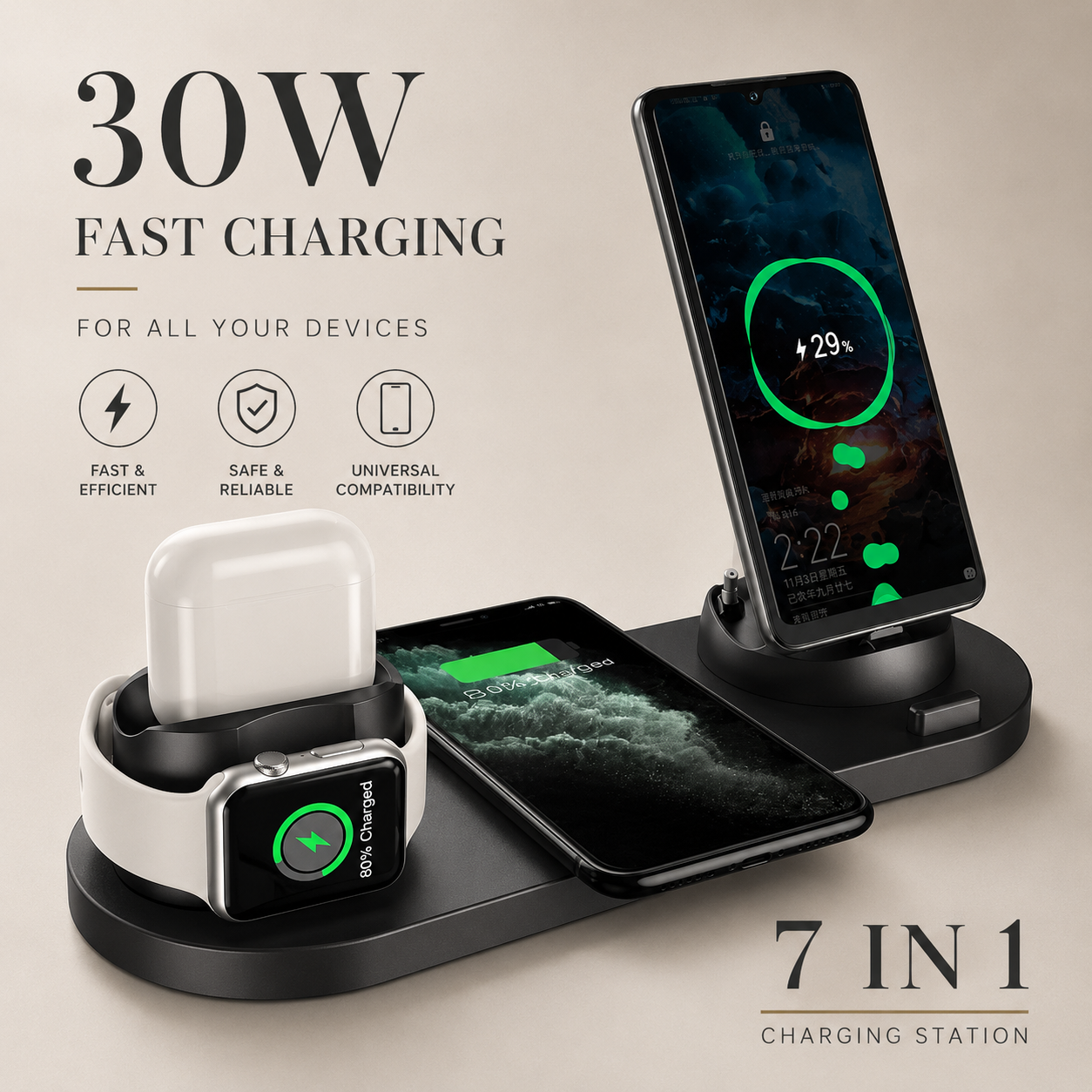 Premium Wireless Charger 7 In 1 Fast Charging Station Foldable Multi Device Charging Dock Smartphone Watch Earbuds Compatible