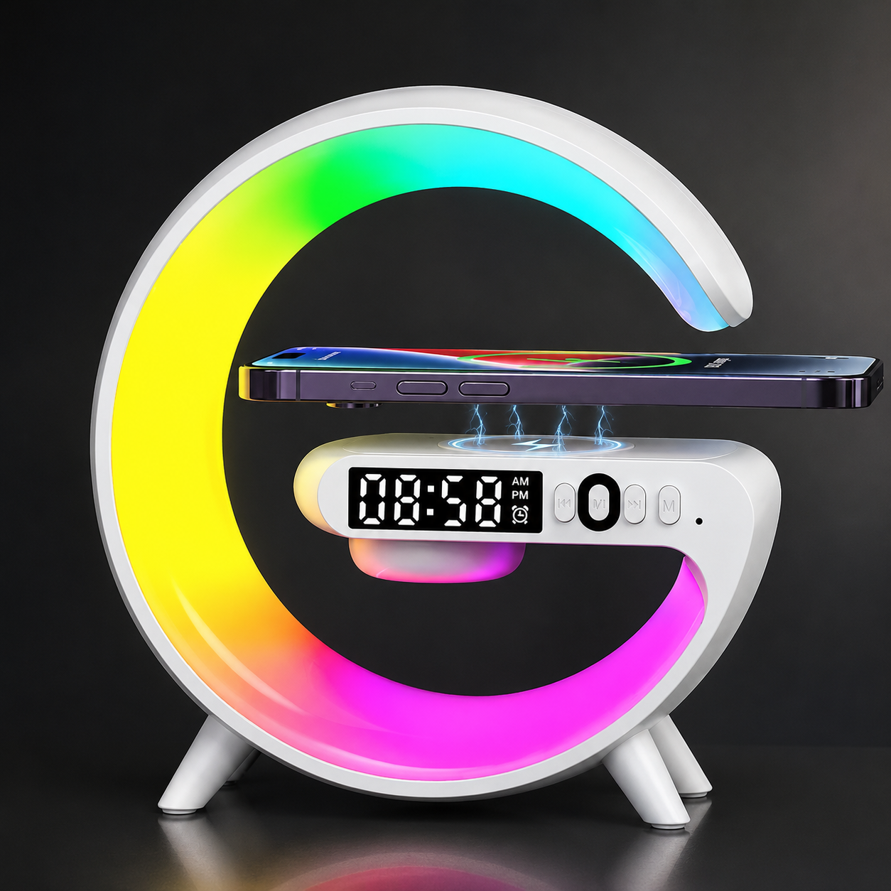 Premium Wireless Charging Station Fast Charging Dock RGB LED Bluetooth Speaker Clock USB C Multi Device Charger