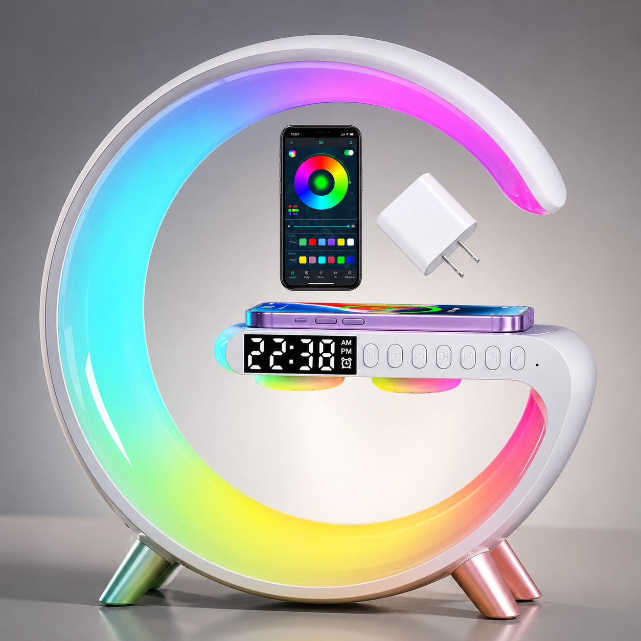Premium Wireless Charging Station Fast Charging Dock RGB LED Bluetooth Speaker Clock USB C Multi Device Charger