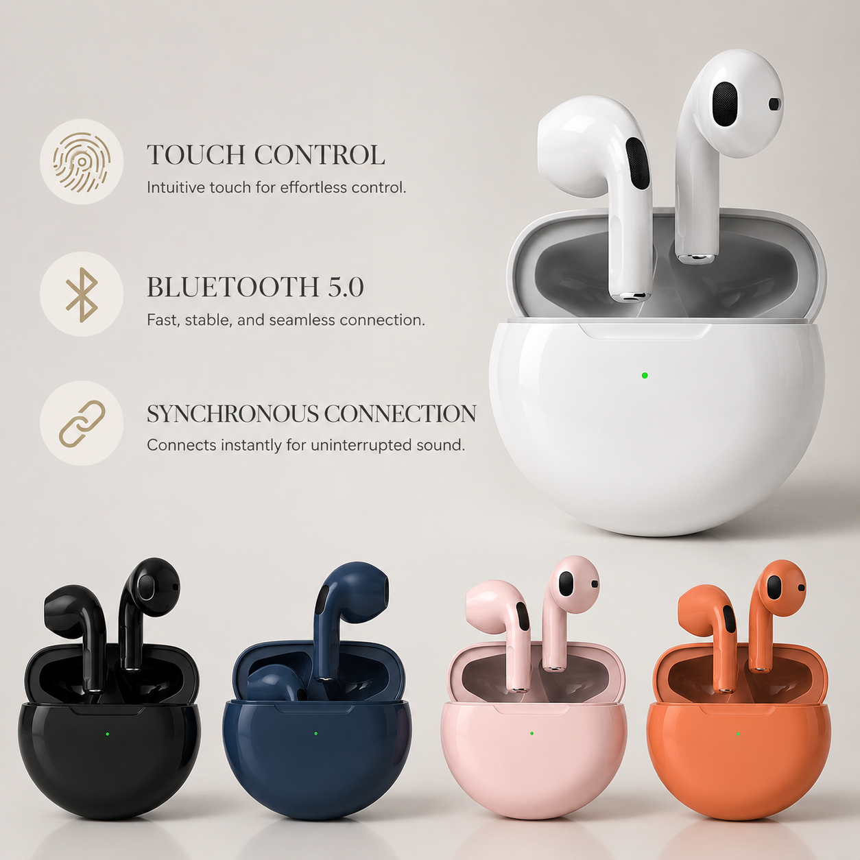 Premium Wireless Earbuds Bluetooth Compatible Touch Control Stereo Sound Sport Headset Mini In Ear Design