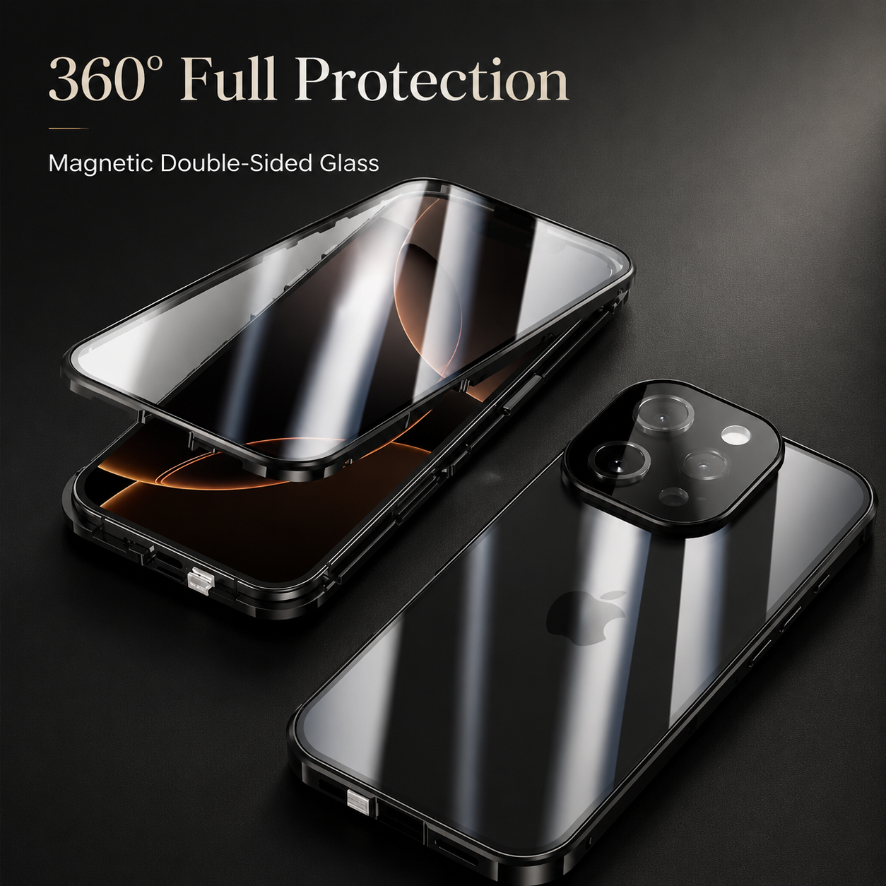 Premium iPhone Case 360 Full Protection Magnetic Glass Cover Aluminum Alloy Frame Shockproof Anti Scratch Bumper Full Coverage