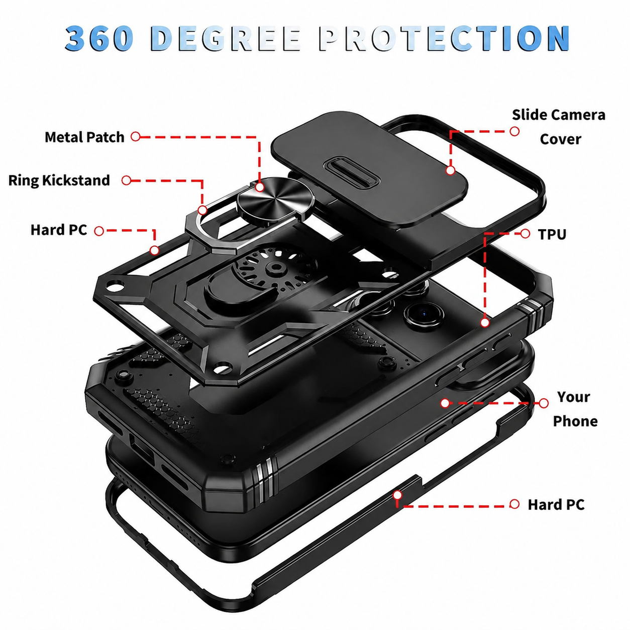 Premium iPhone Case 360 Rotation Armor Cover Magnetic Military Grade Shockproof Camera Slide Protection Ring Stand Full Coverage Case