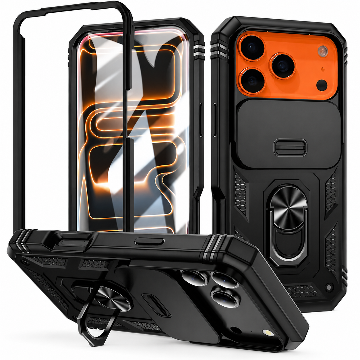 Premium iPhone Case 360 Rotation Armor Cover Magnetic Military Grade Shockproof Camera Slide Protection Ring Stand Full Coverage Case