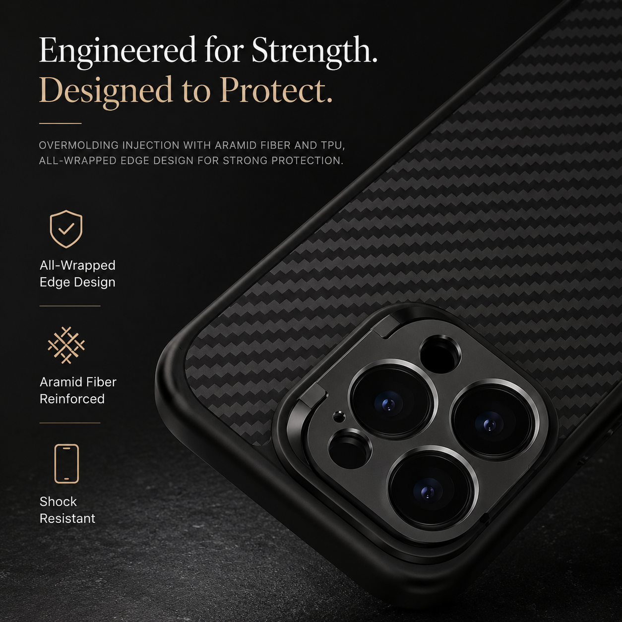 Premium iPhone Case Aramid Fiber Kevlar 600D Half Wrapped Cover with MagSafe Invisible Camera Ring Stand Shockproof Anti Fingerprint Design