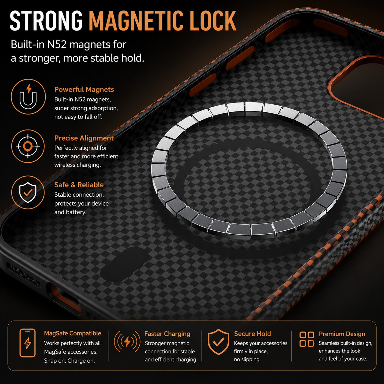 Premium iPhone Case Carbon Fiber Pattern MagSafe Compatible Kevlar Style Shockproof PC Hard Protective Cover with Magnetic Alignment Design
