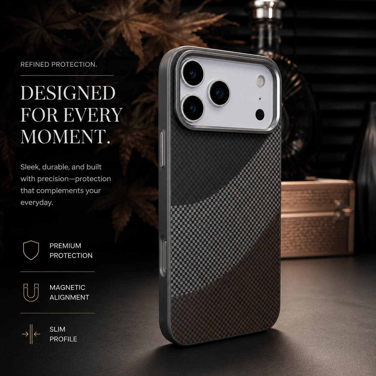 Premium iPhone Case Carbon Fiber Texture MagSafe Armor Cover Alloy Lens Protection Shockproof Non Slip Full Coverage Protective Case