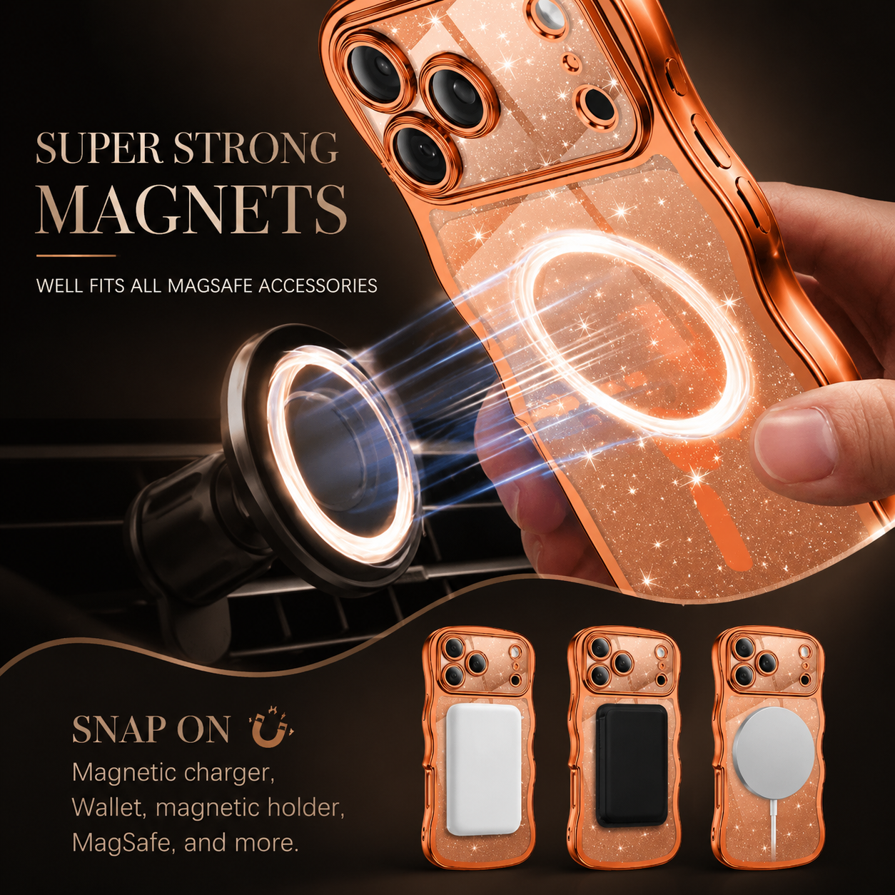 Premium iPhone Case Clear Glitter Magnetic Hard Cover MagSafe Compatible Plated Wavy Frame Anti Slip Protective Case