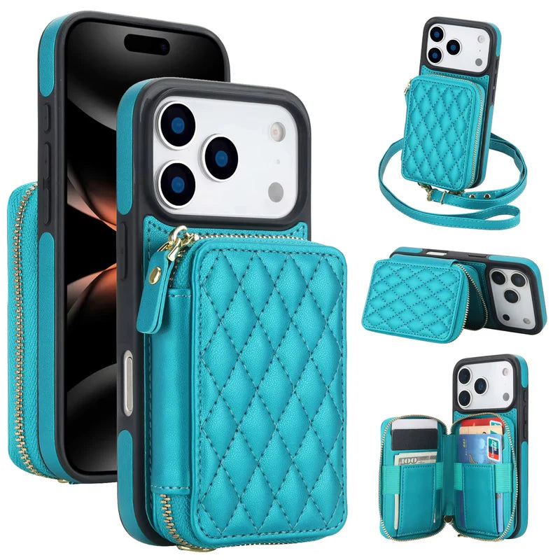 Premium iPhone Case Crossbody RFID Blocking Folio Wallet Cover Zipper Handbag Card Slots Kickstand Full Protection