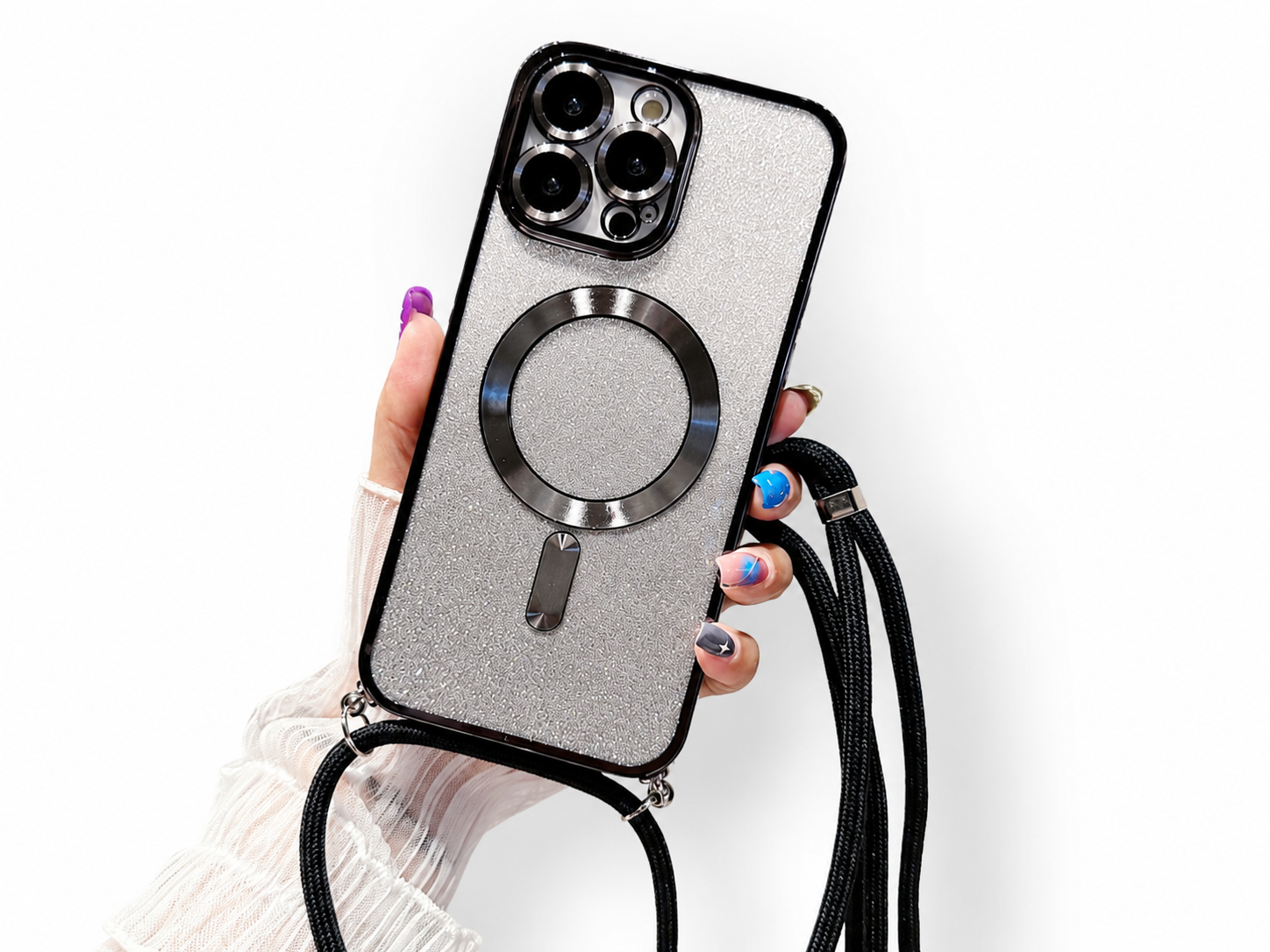 Premium iPhone Case Crossbody Strap MagSafe Compatible Gradient Glitter Cover Camera Protection