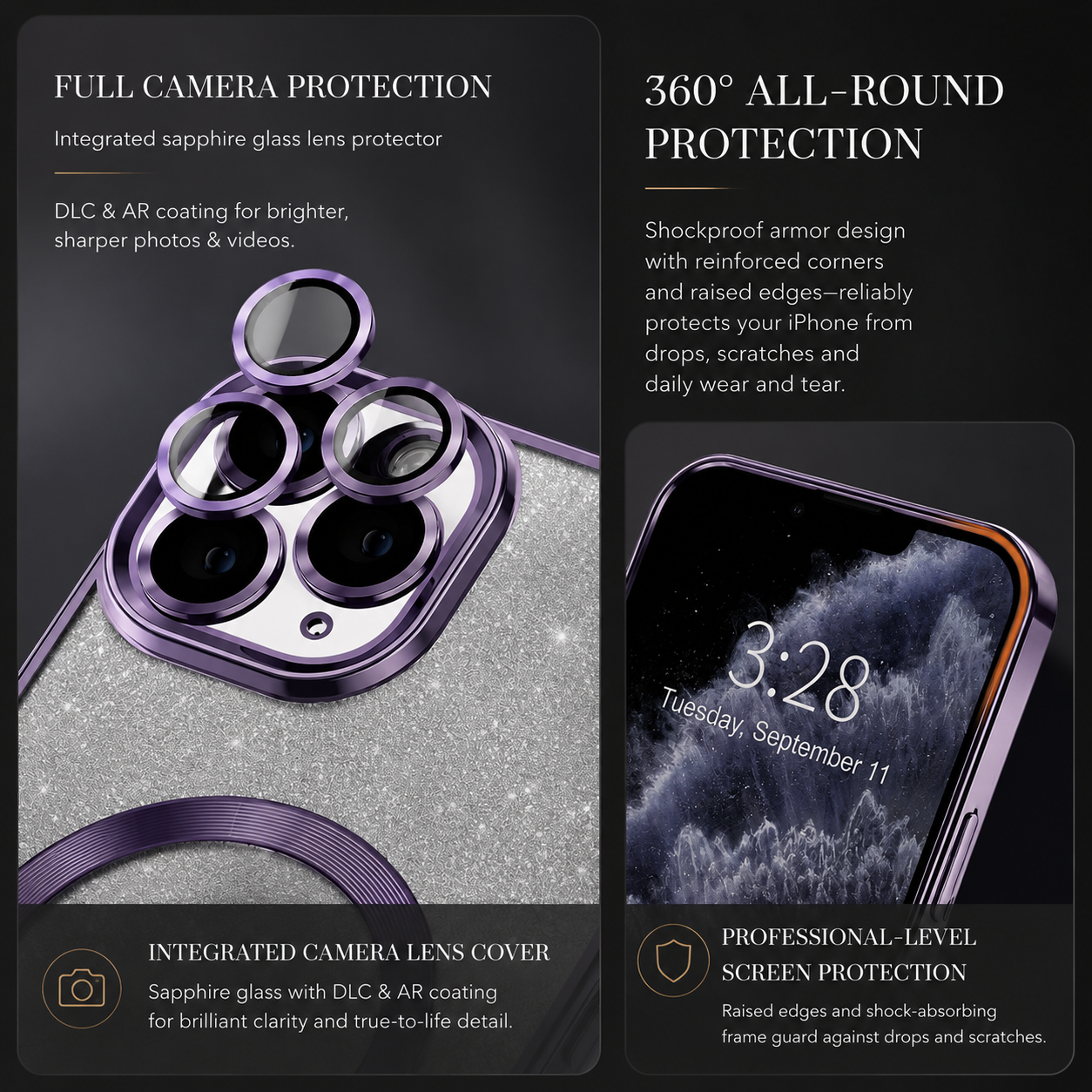 Premium iPhone Case Crossbody Strap MagSafe Compatible Gradient Glitter Cover Camera Protection