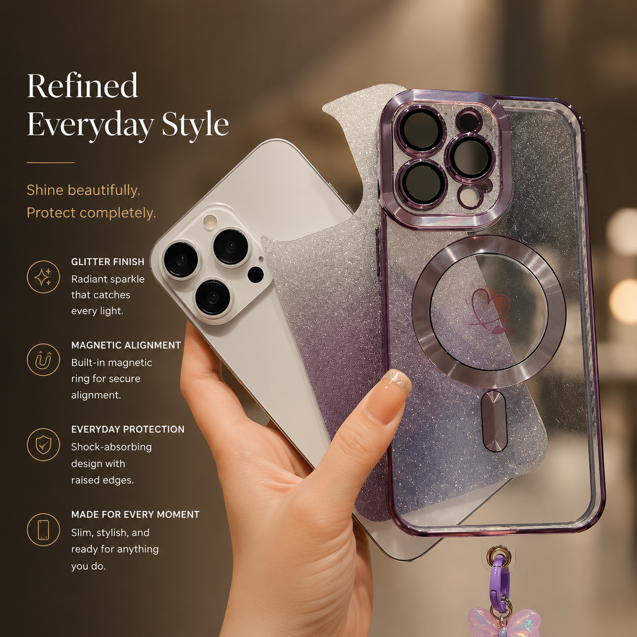 Premium iPhone Case Crossbody Strap MagSafe Compatible Gradient Glitter Cover Camera Protection