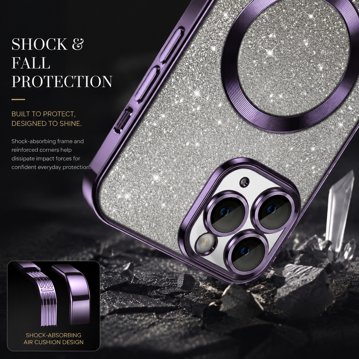 Premium iPhone Case Crossbody Strap MagSafe Compatible Gradient Glitter Cover Camera Protection