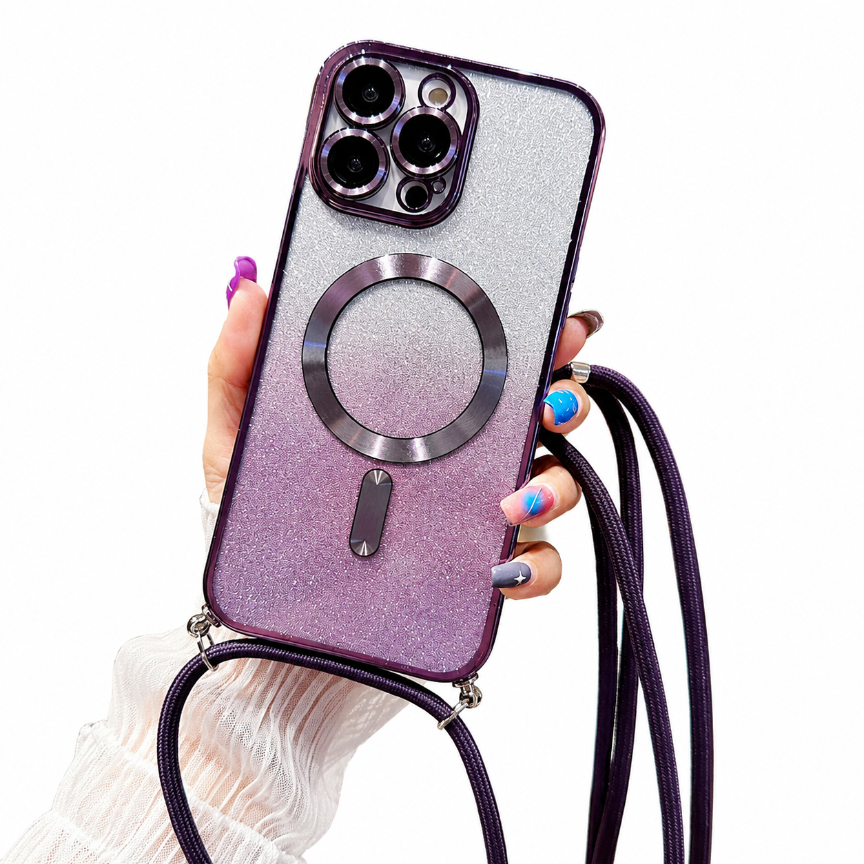 Premium iPhone Case Crossbody Strap MagSafe Compatible Gradient Glitter Cover Camera Protection