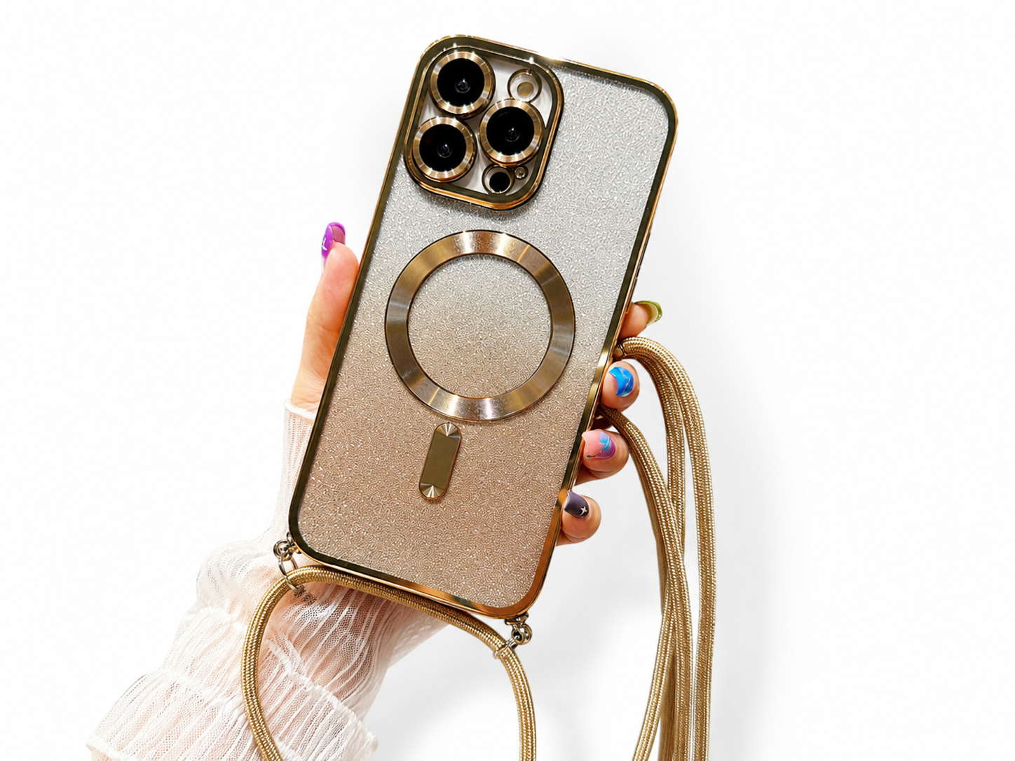 Premium iPhone Case Crossbody Strap MagSafe Compatible Gradient Glitter Cover Camera Protection