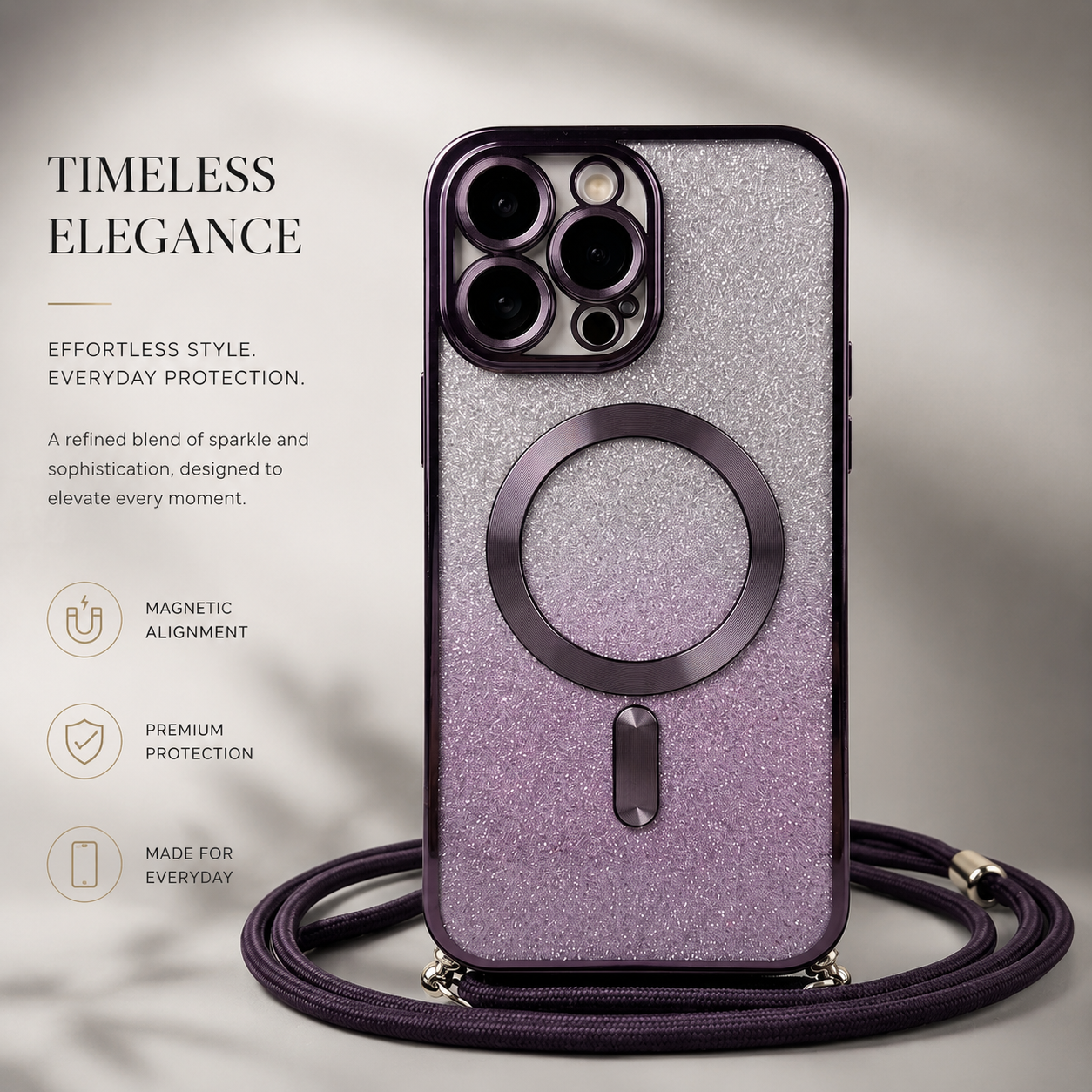 Premium iPhone Case Crossbody Strap MagSafe Compatible Gradient Glitter Cover Camera Protection