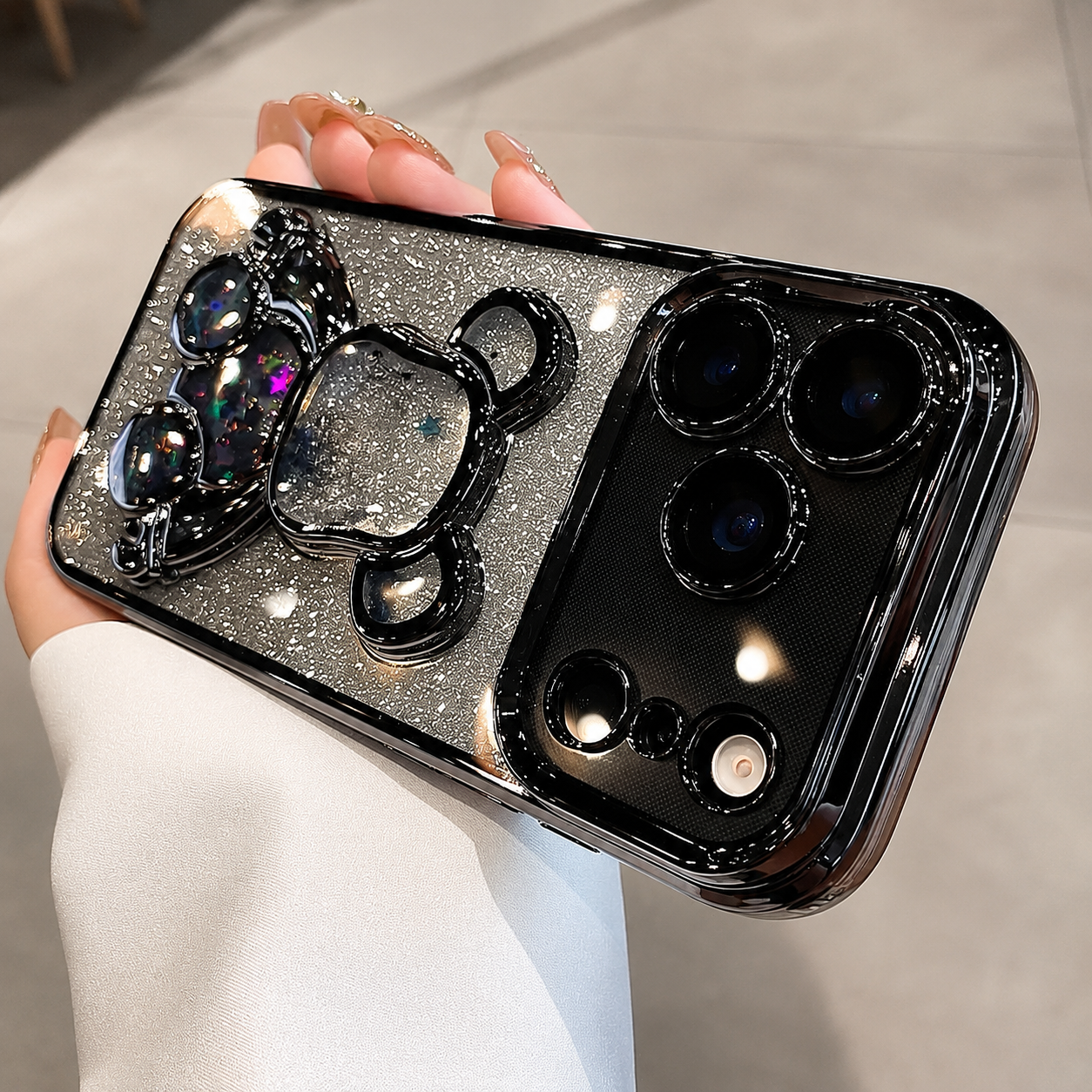 Premium iPhone Case Cute Glitter Quicksand Bear Cover Shockproof Acrylic Cartoon Protective Case With Camera Protection