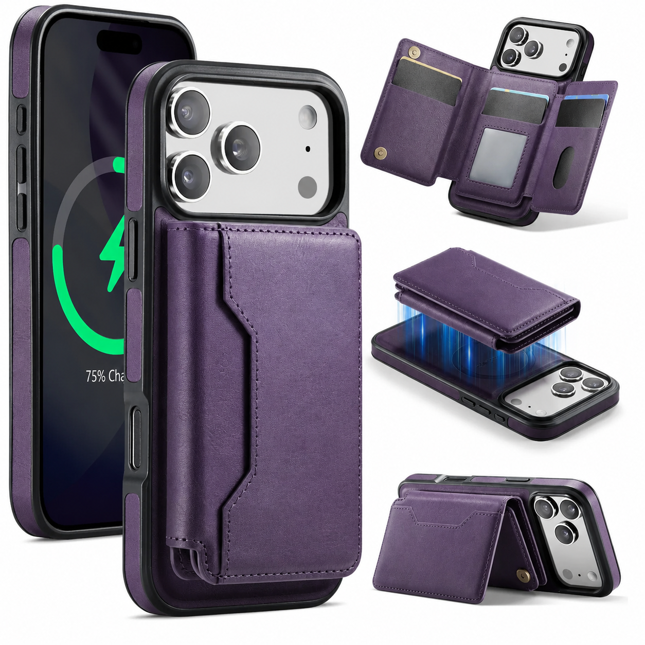 Premium iPhone Case Detachable Magnetic Leather Wallet Cover Card Holder MagSafe Shockproof Scratch Resistant Protection