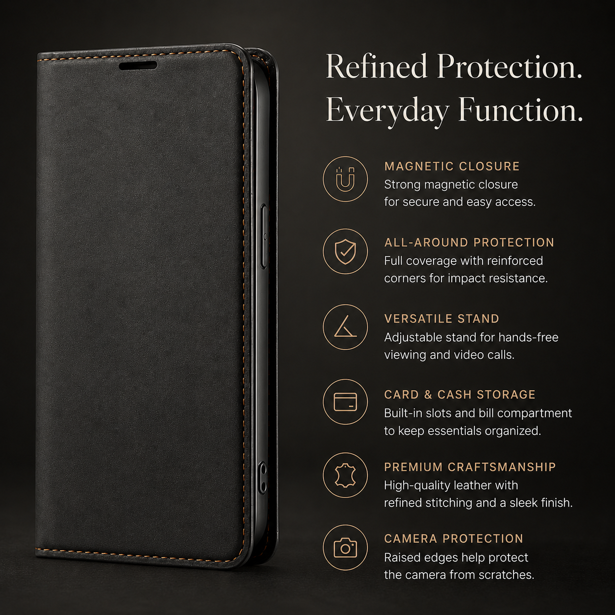 Premium iPhone Case Flip Wallet MagSafe Compatible Leather Card Holder Cover Stand Protection