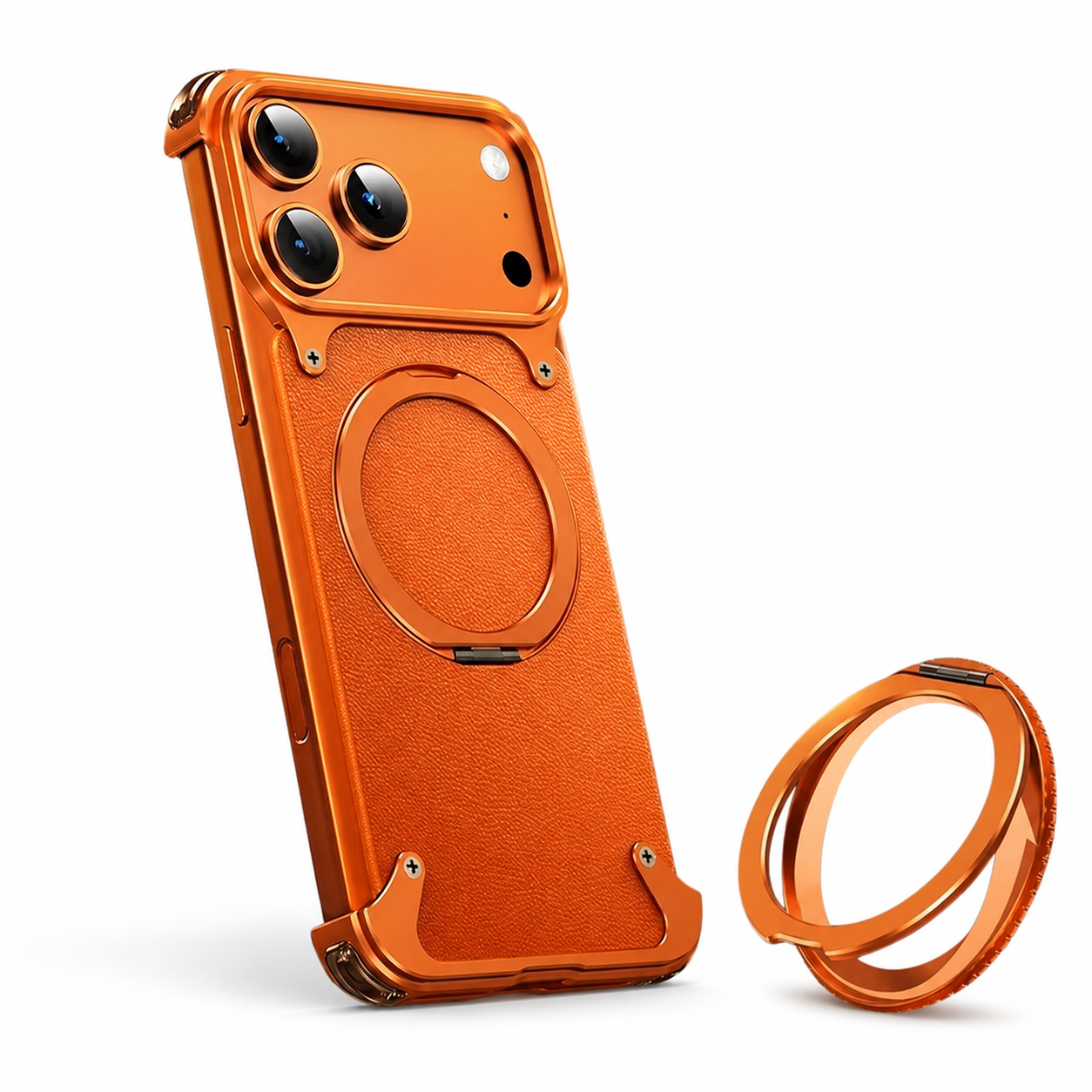 Premium iPhone Case Genuine Leather Magnetic Cover MagSafe Compatible Rotating Ring Stand Shockproof Frameless Protection