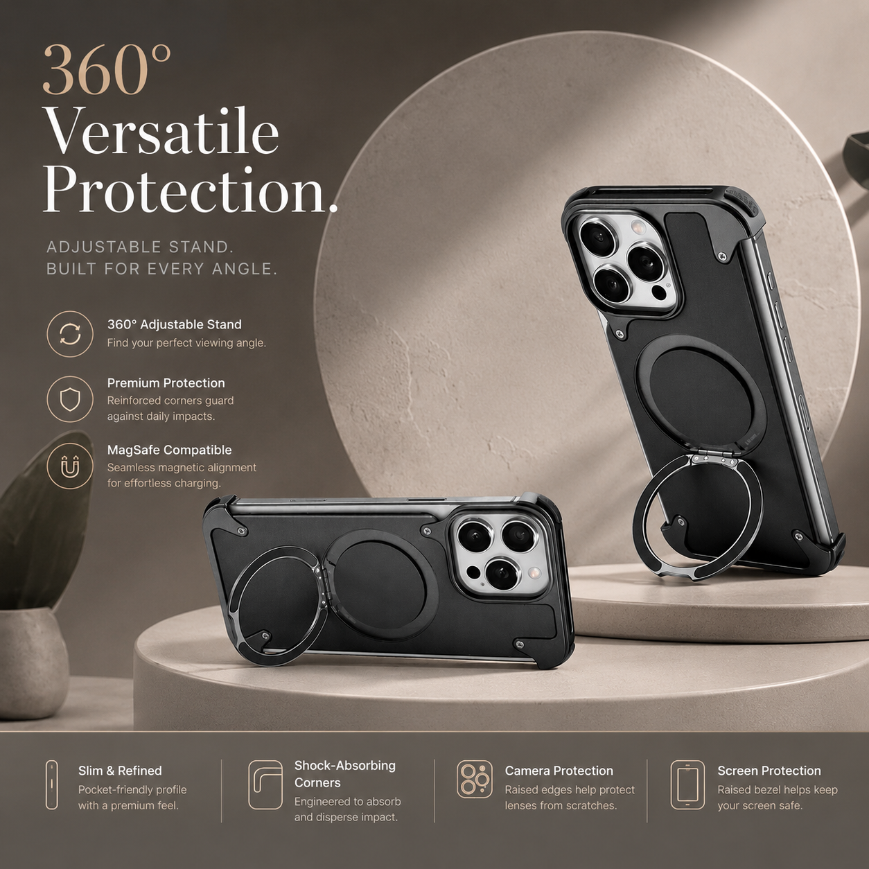 Premium iPhone Case Genuine Leather Magnetic Cover MagSafe Compatible Rotating Ring Stand Shockproof Frameless Protection