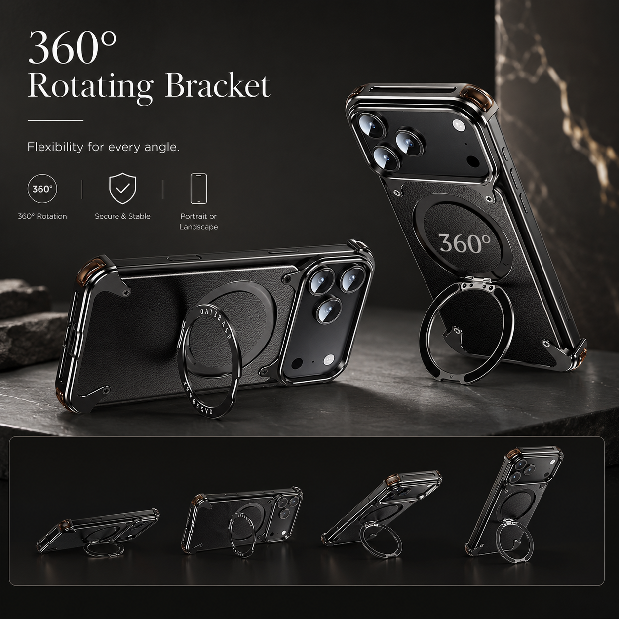 Premium iPhone Case Genuine Leather Magnetic Cover MagSafe Compatible Rotating Ring Stand Shockproof Frameless Protection