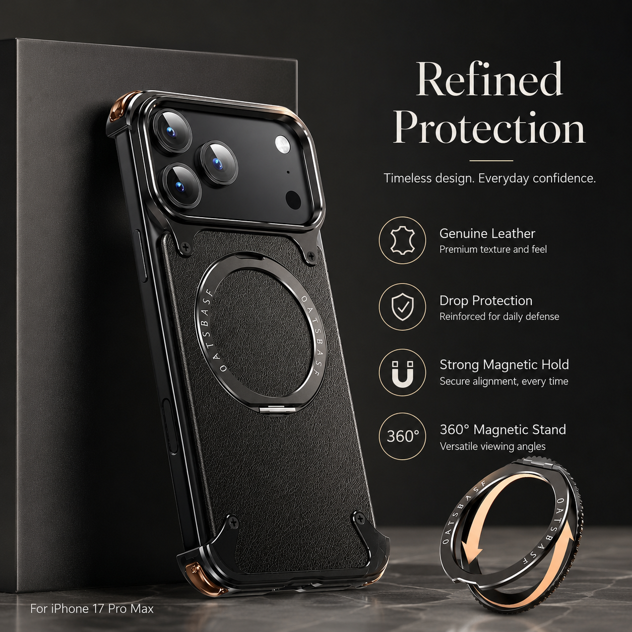 Premium iPhone Case Genuine Leather Magnetic Cover MagSafe Compatible Rotating Ring Stand Shockproof Frameless Protection