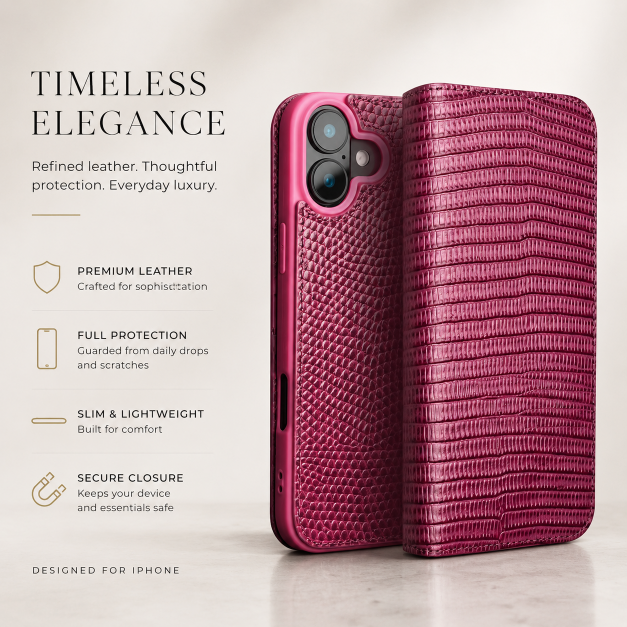 Premium iPhone Case Genuine Lizard Leather Flip Wallet Cover Magnetic Closure Kickstand Shockproof Full Body Protection