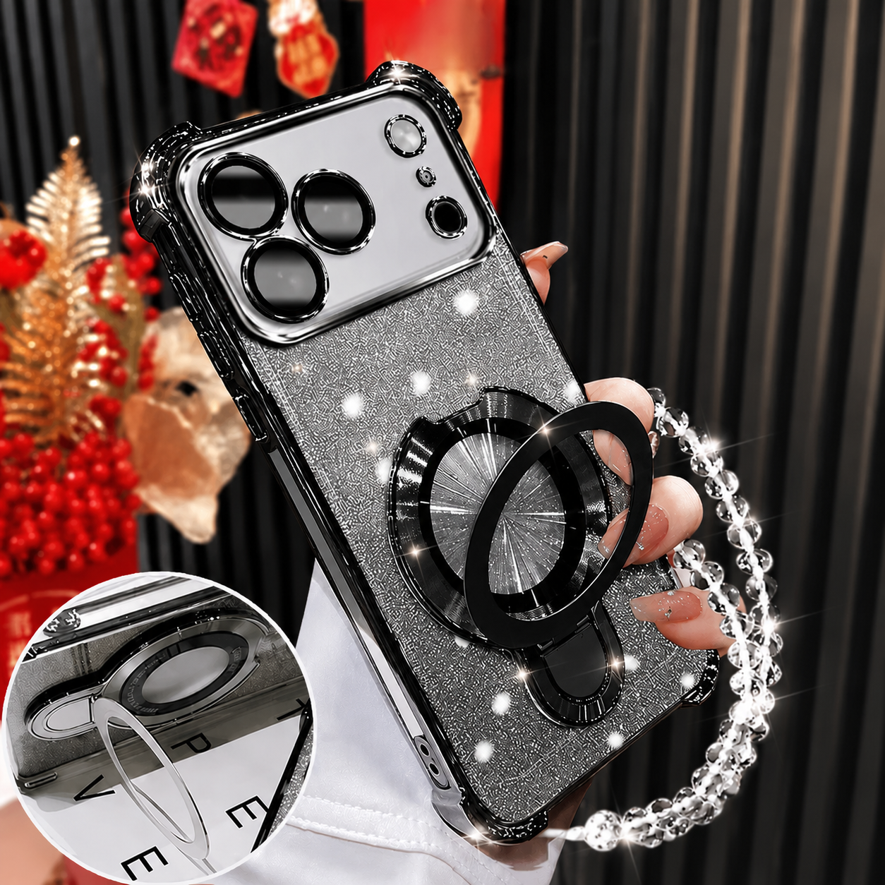 Premium iPhone Case Glitter Plating Magnetic Bracelet Cover MagSafe Compatible Shockproof Kickstand Anti Fingerprint Clear Protective Case