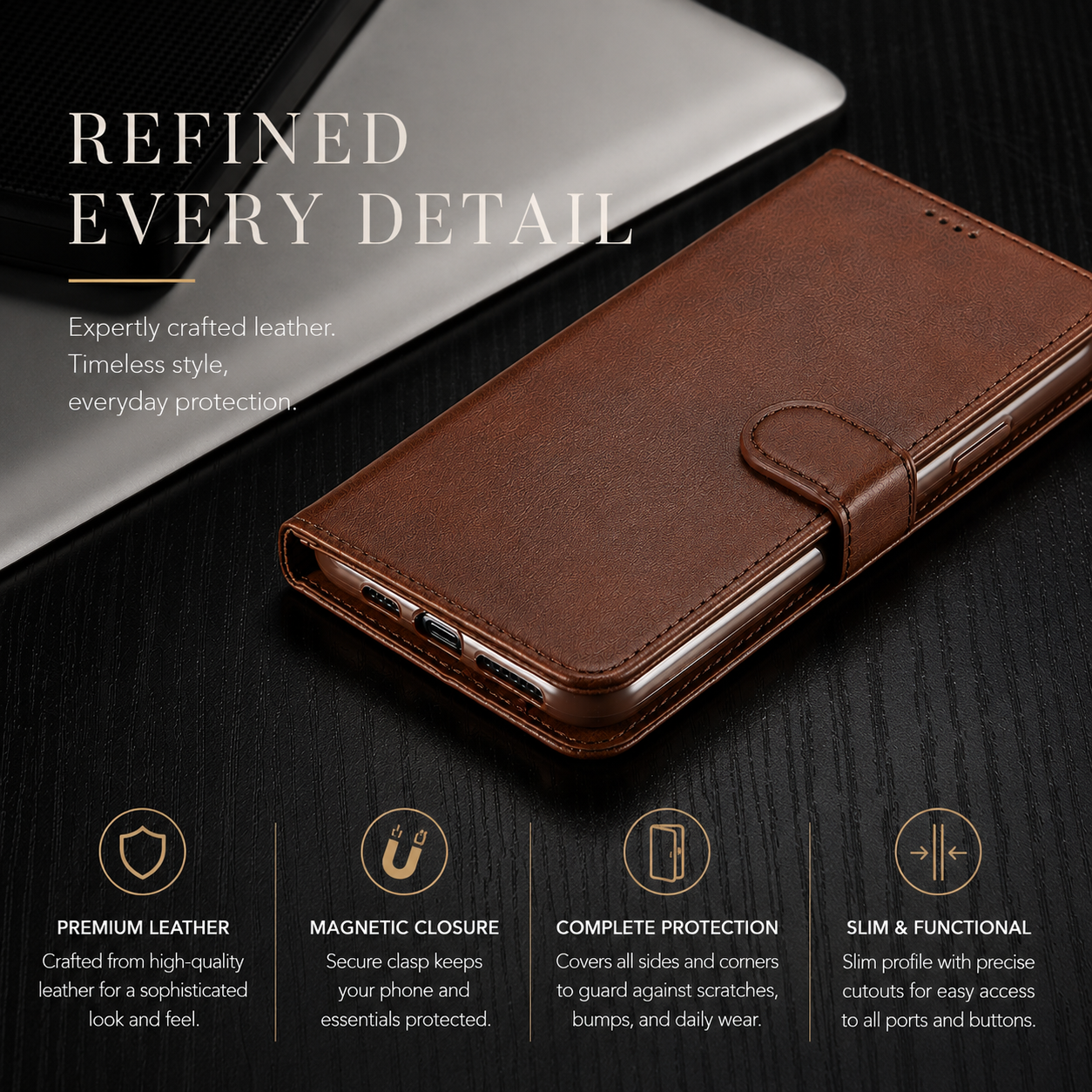 Premium iPhone Case Leather Wallet Flip Cover Card Slot Magnetic Closure Full Body Protection