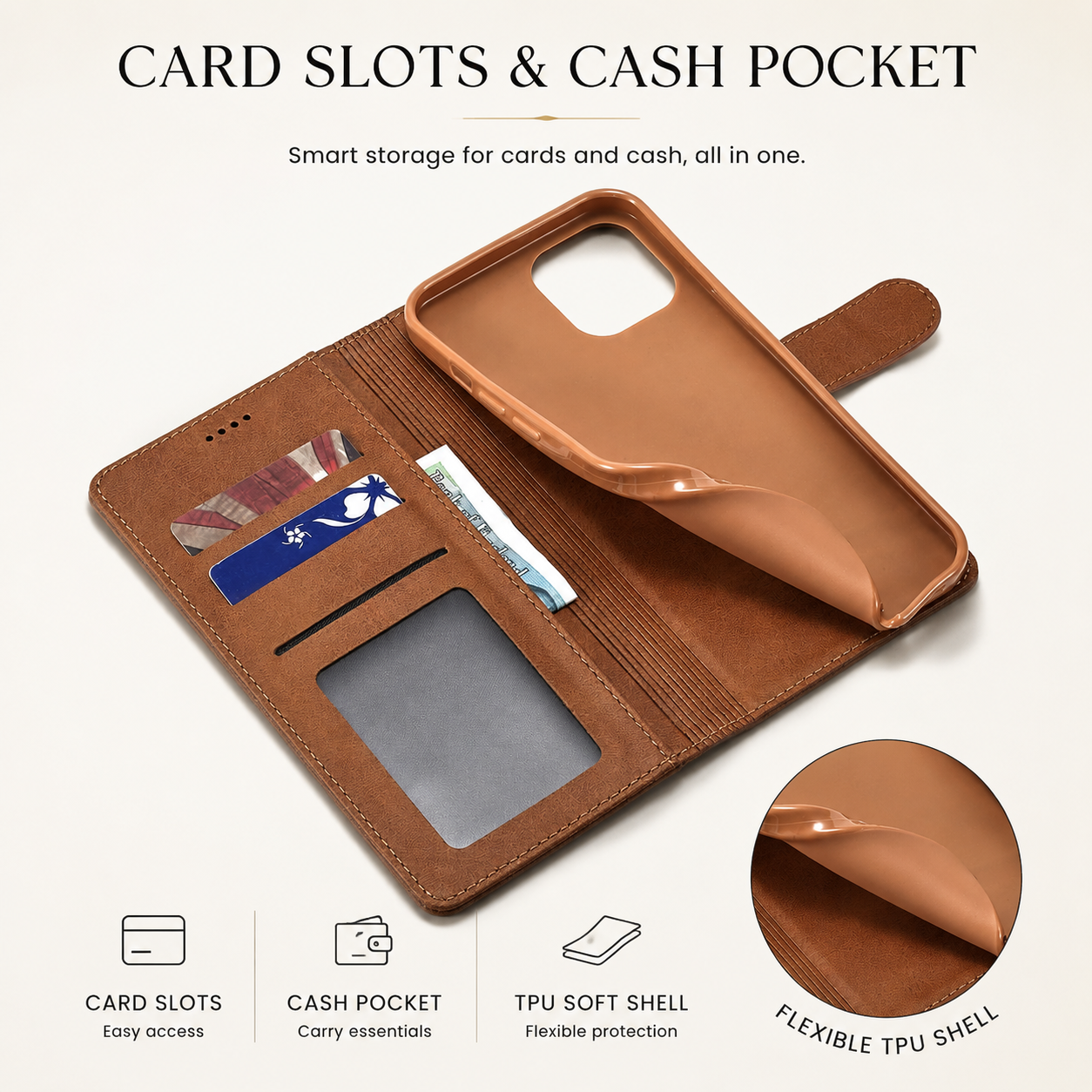 Premium iPhone Case Leather Wallet Flip Cover Card Slot Magnetic Closure Full Body Protection