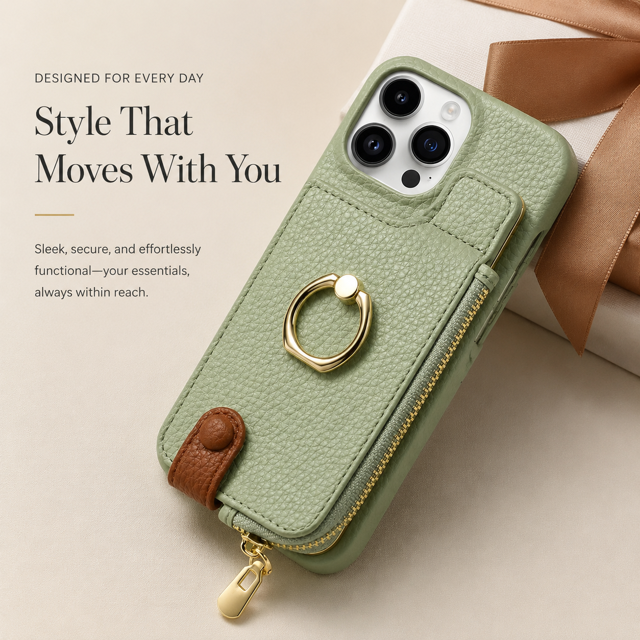 Premium iPhone Case Leather Zipper Wallet Cover Card Holder Ring Kickstand Full Protection