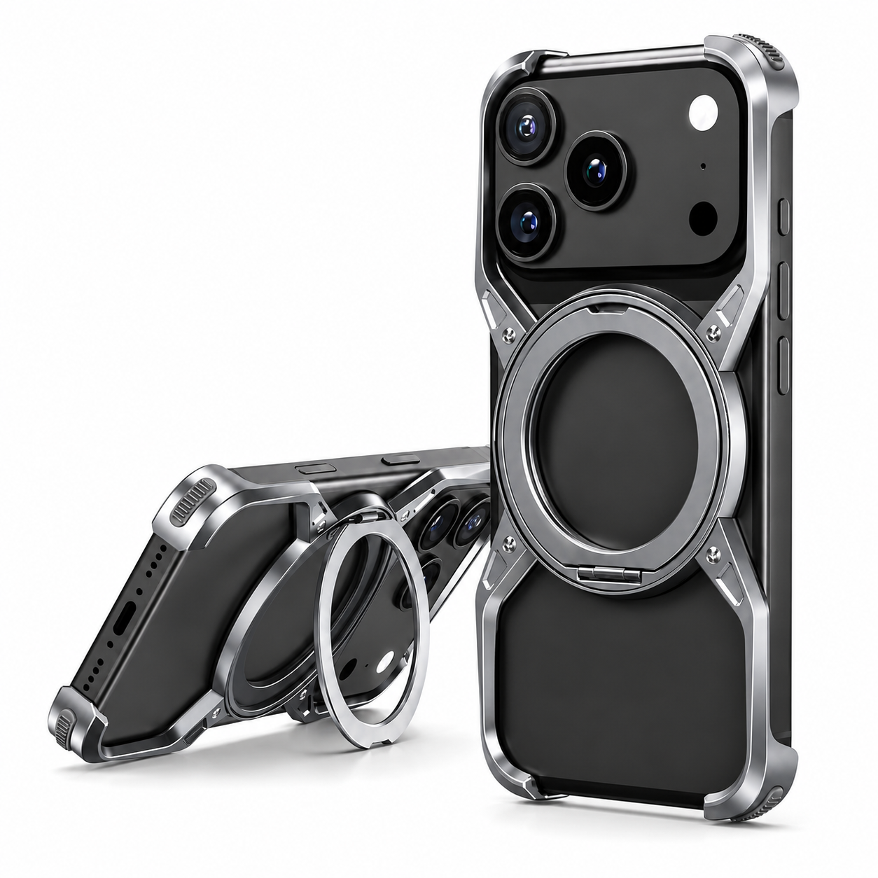 Premium iPhone Case MagSafe Compatible Aluminum Alloy Bumper Cover 360° Rotating Ring Stand Shockproof Camera Lens Protection