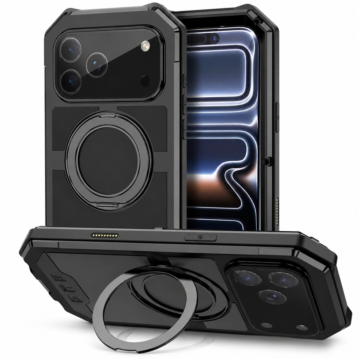 Premium iPhone Case MagSafe Compatible Aluminum Armor Frame Cover Built-in Kickstand Glass Screen Protection Shockproof Full Coverage