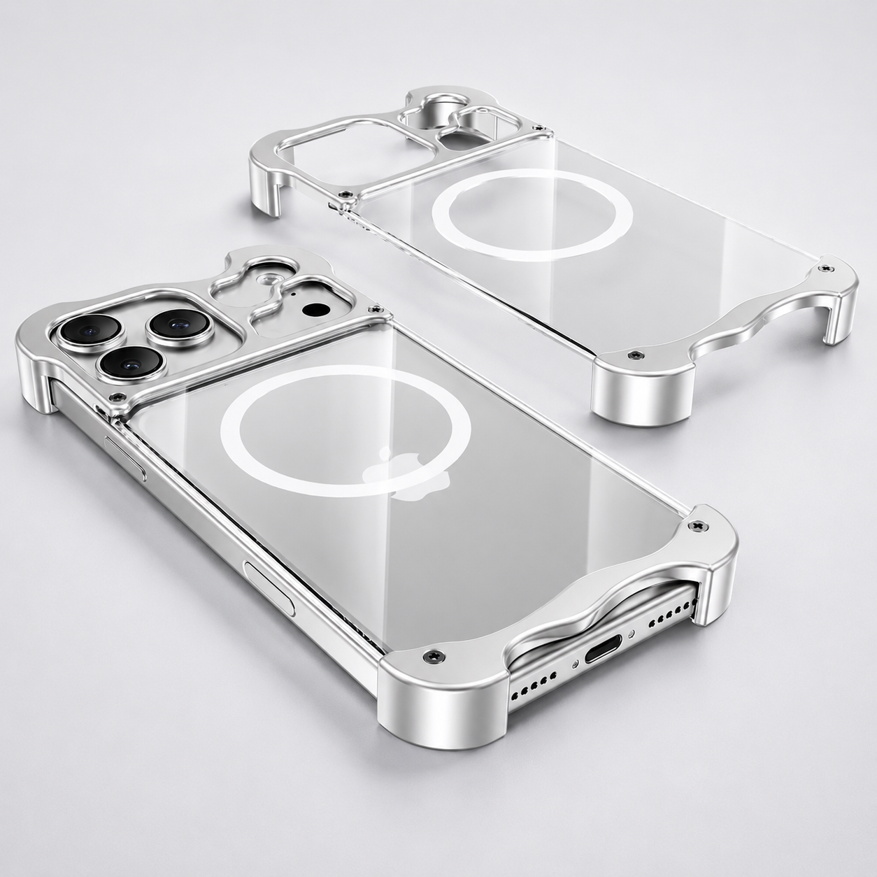 Premium iPhone Case MagSafe Compatible Aluminum Corner Bumper Cover Transparent Back Shockproof Frameless Protection