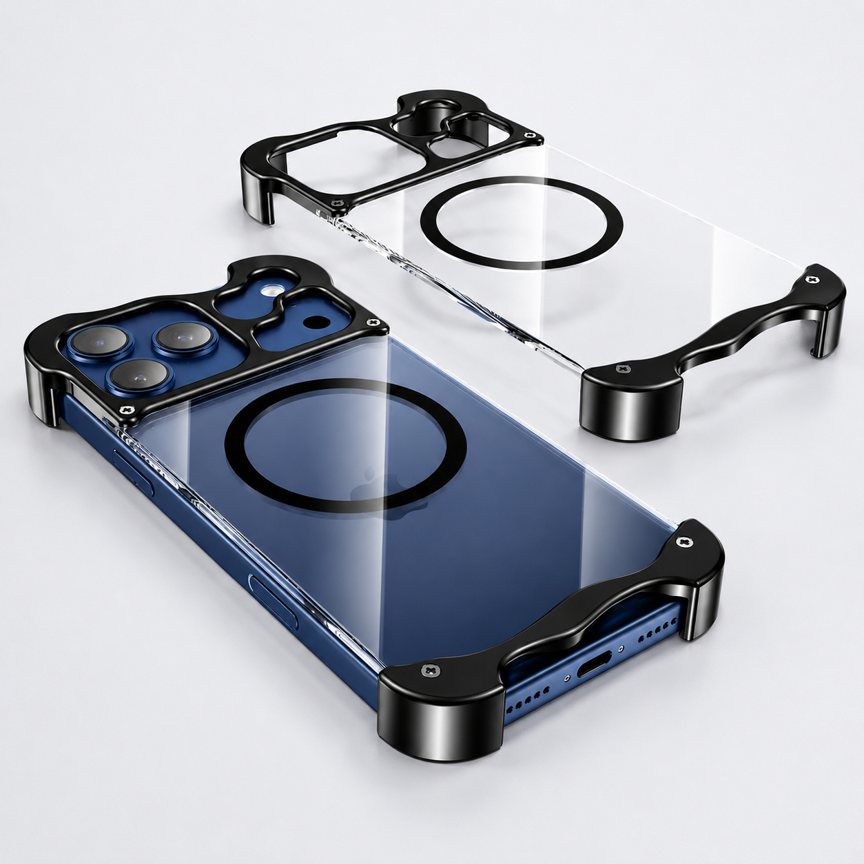 Premium iPhone Case MagSafe Compatible Aluminum Corner Bumper Cover Transparent Back Shockproof Frameless Protection