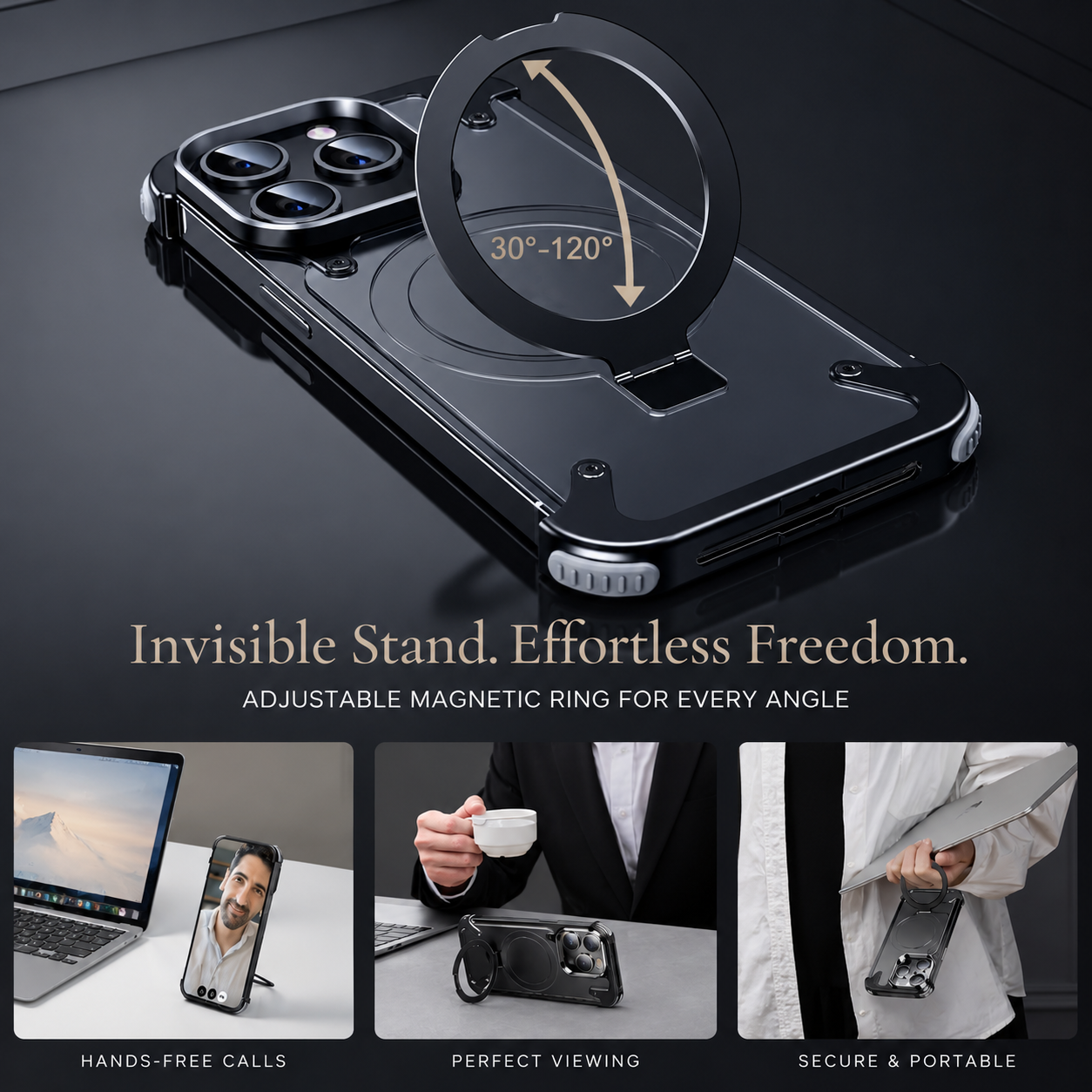 Premium iPhone Case MagSafe Compatible Aluminum Frame Cover Built-In Stand Ultra Thin Protection