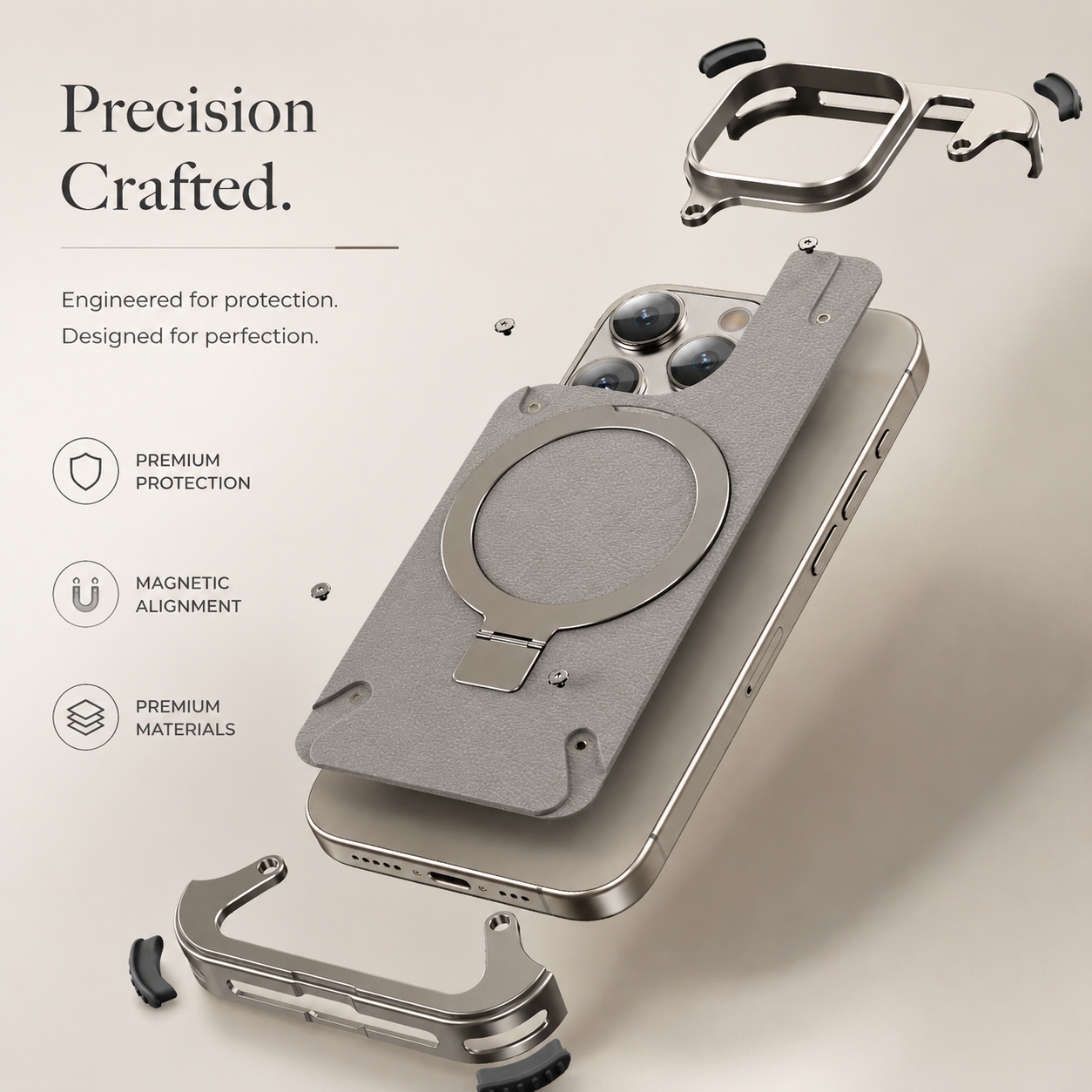 Premium iPhone Case MagSafe Compatible Aluminum Frame Cover Built-In Stand Ultra Thin Protection