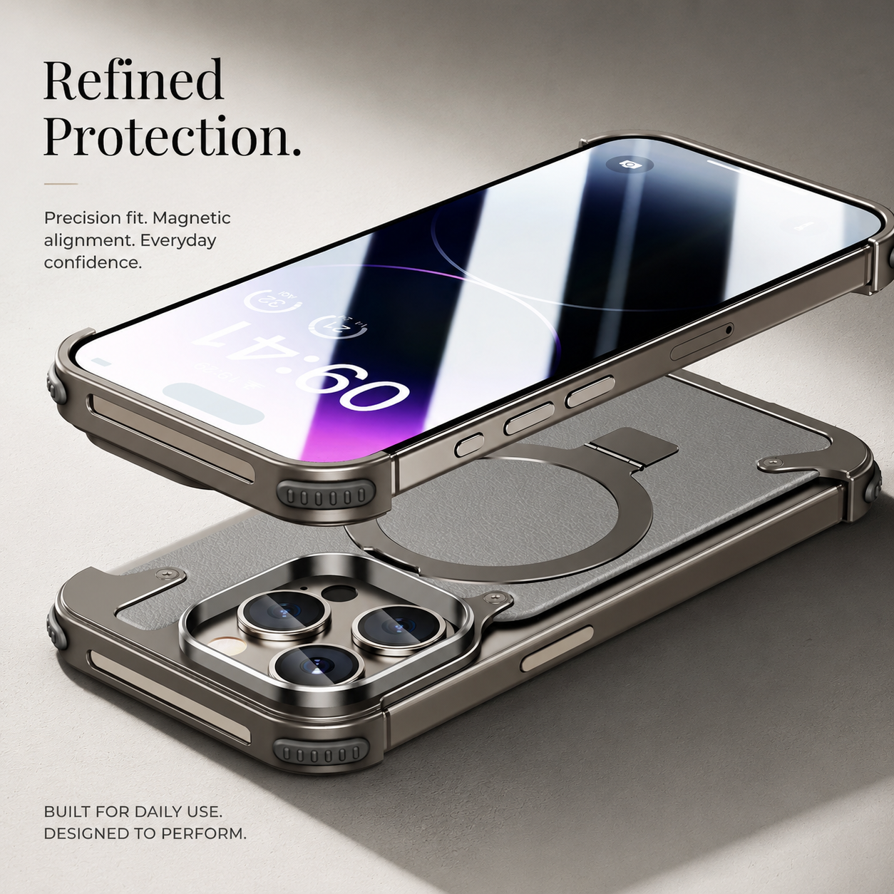 Premium iPhone Case MagSafe Compatible Aluminum Frame Cover Built-In Stand Ultra Thin Protection