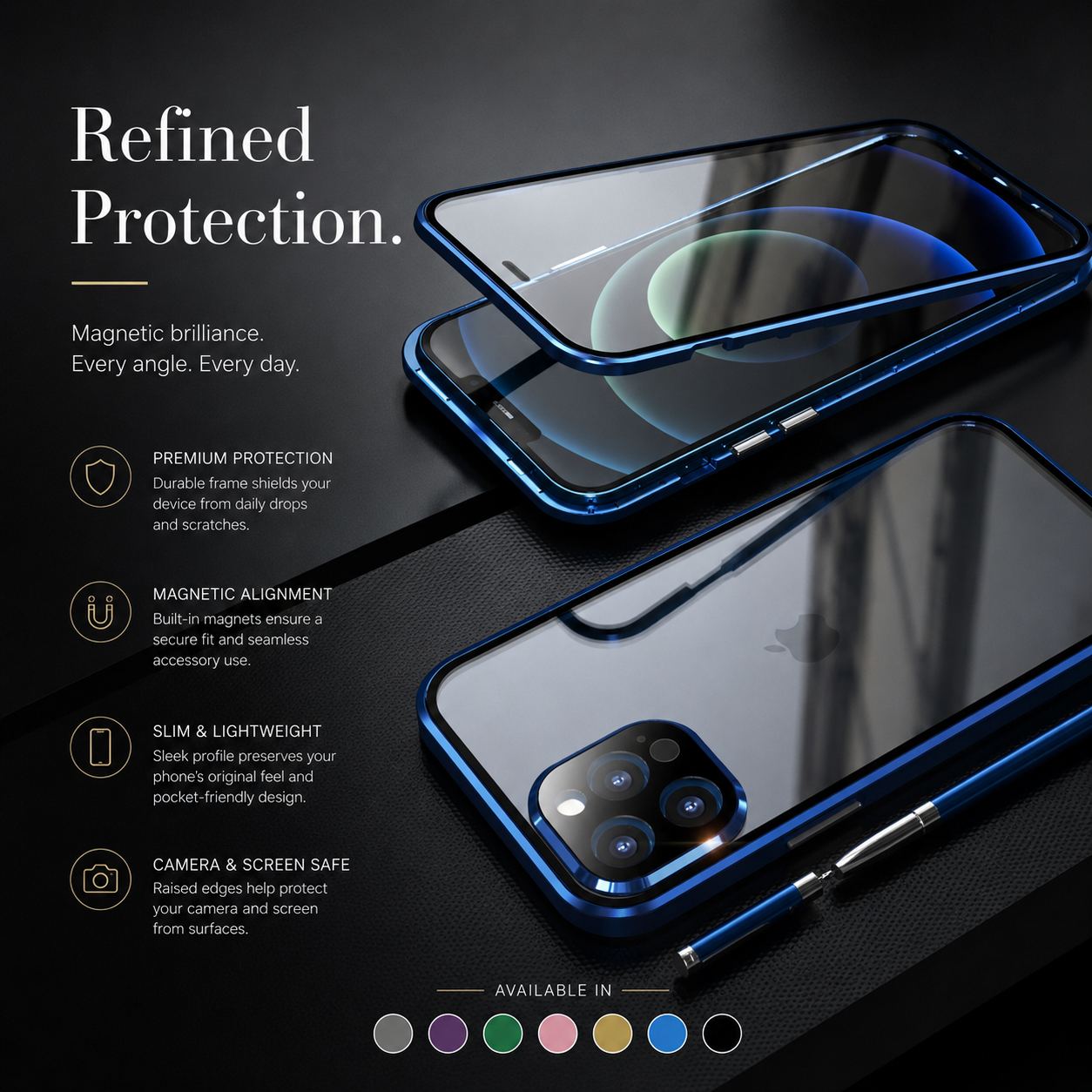 Premium iPhone Case MagSafe Compatible Aluminum Frame Tempered Glass Cover Full Protection