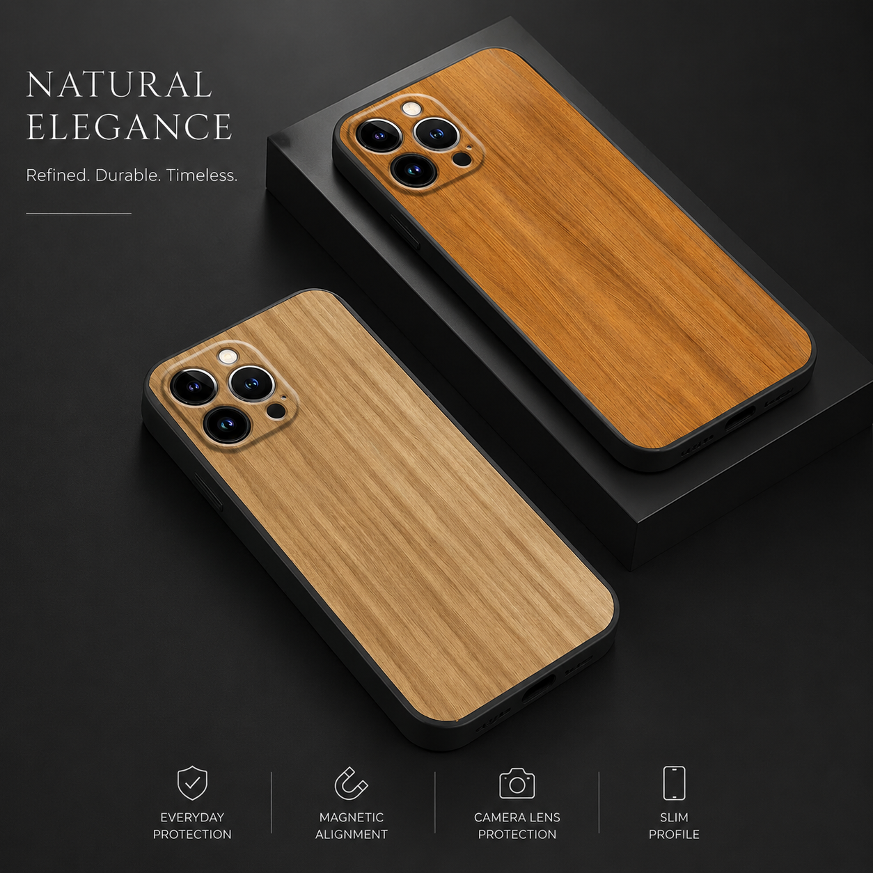 Premium iPhone Case MagSafe Compatible Bamboo Wood Grain Cover Metallic Frame Shockproof Protection