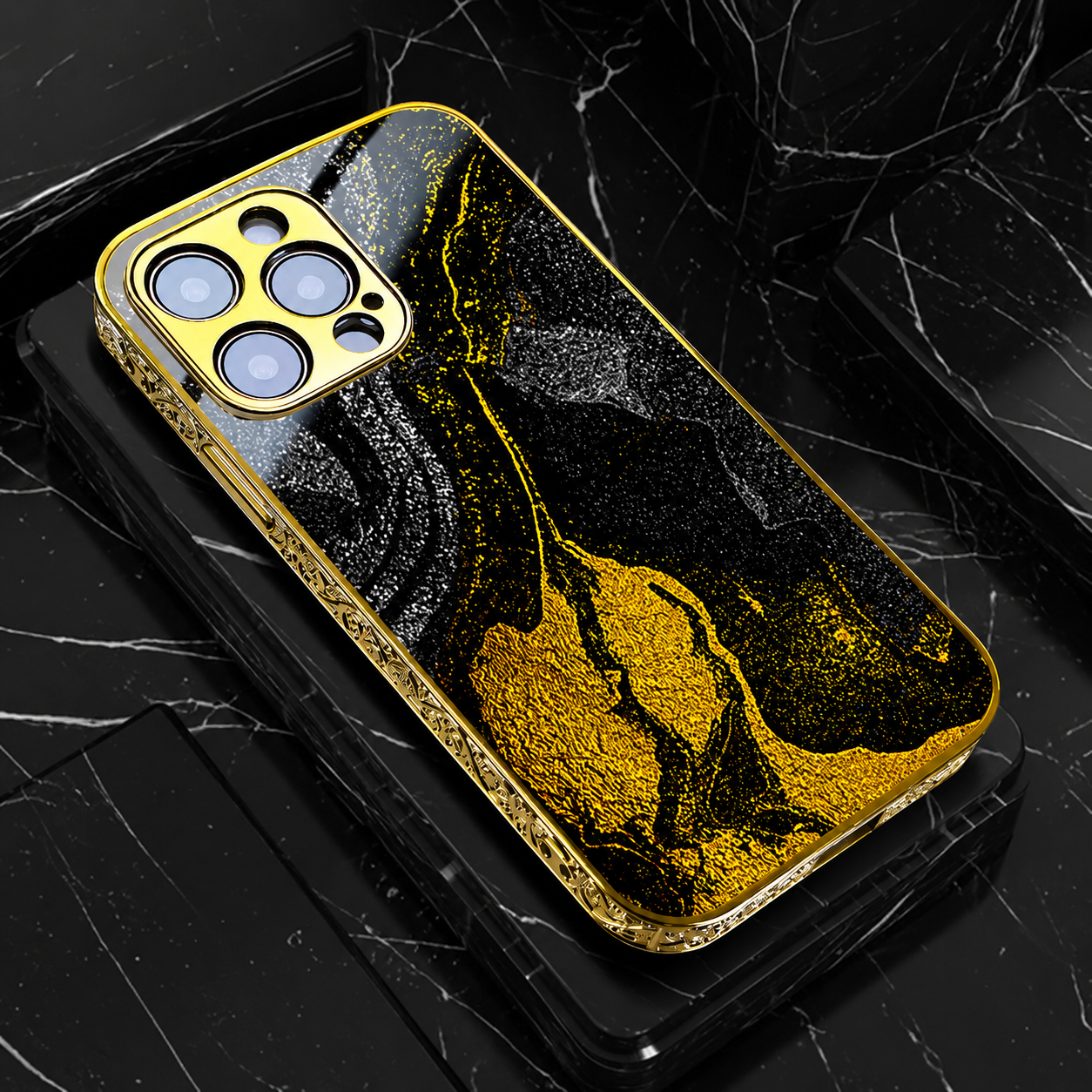 Premium iPhone Case MagSafe Compatible Black Marble Texture Cover Gold Edge Shockproof Protection