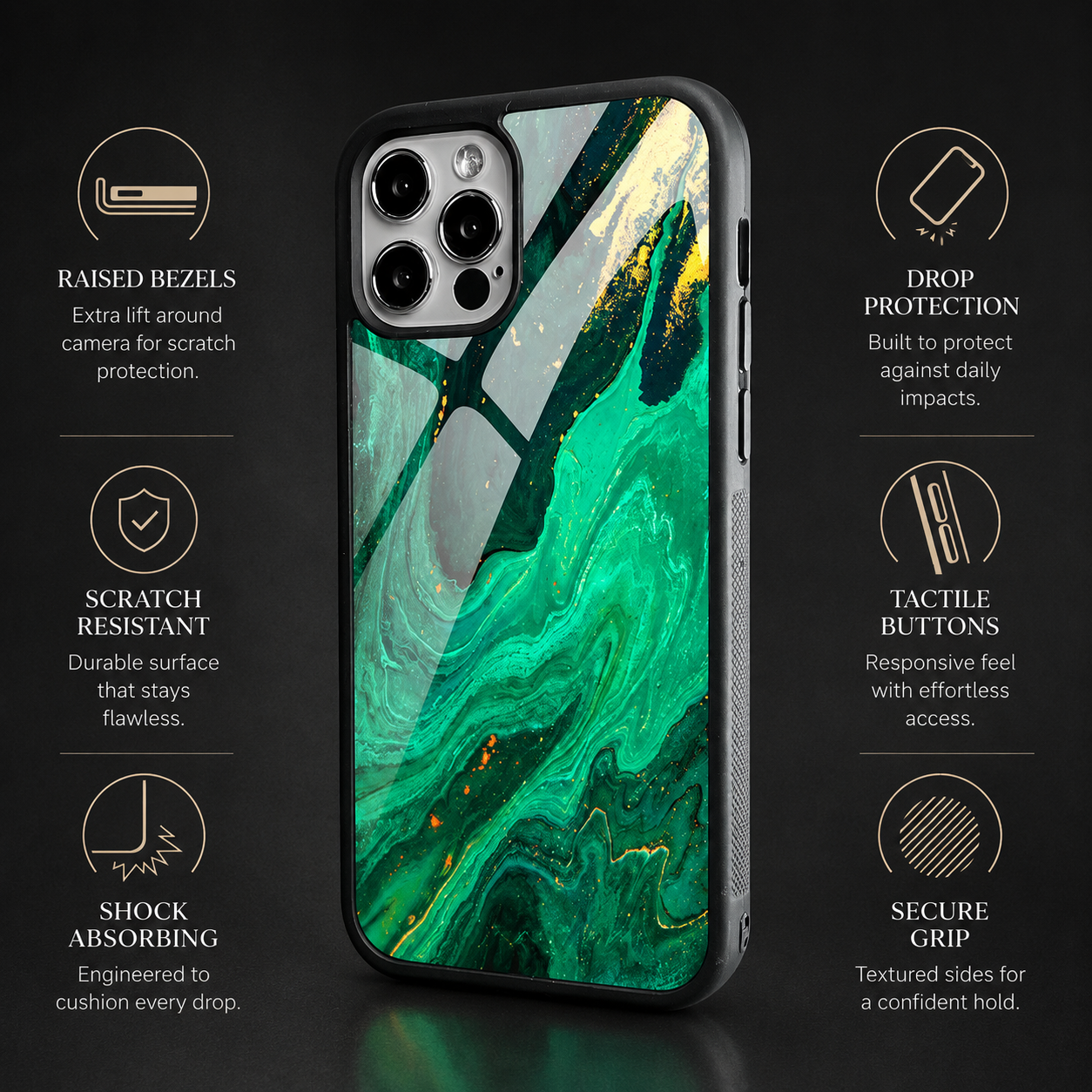 Premium iPhone Case MagSafe Compatible Black Marble Texture Cover Gold Edge Shockproof Protection