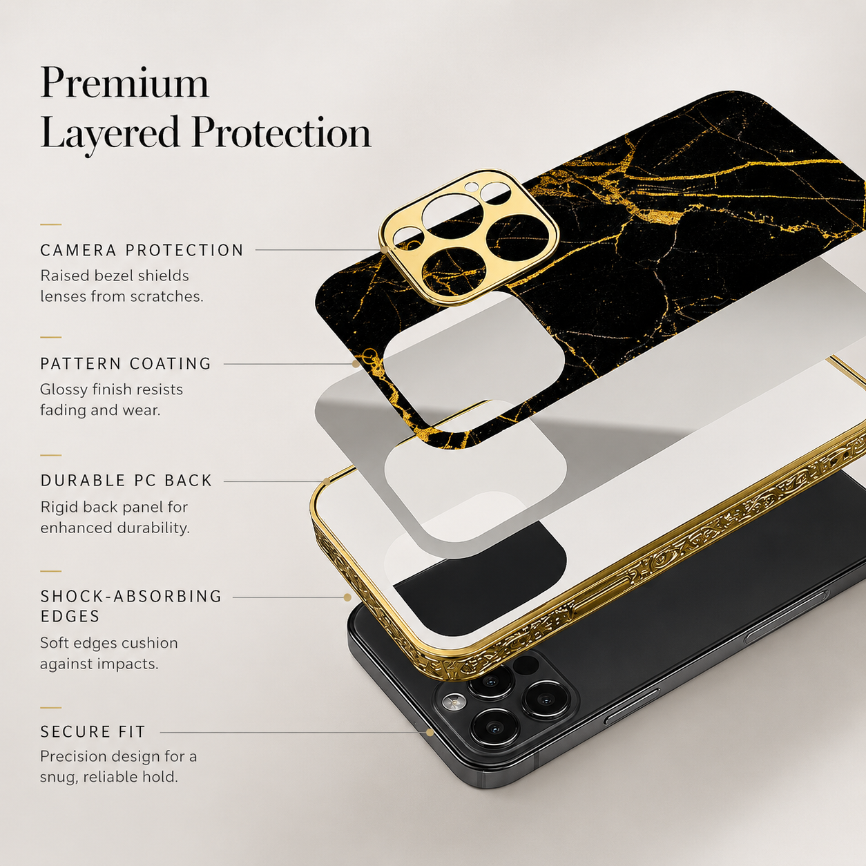 Premium iPhone Case MagSafe Compatible Black Marble Texture Cover Gold Edge Shockproof Protection
