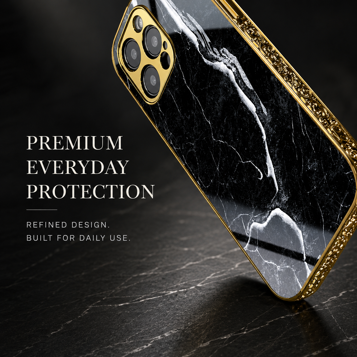 Premium iPhone Case MagSafe Compatible Black Marble Texture Cover Gold Edge Shockproof Protection