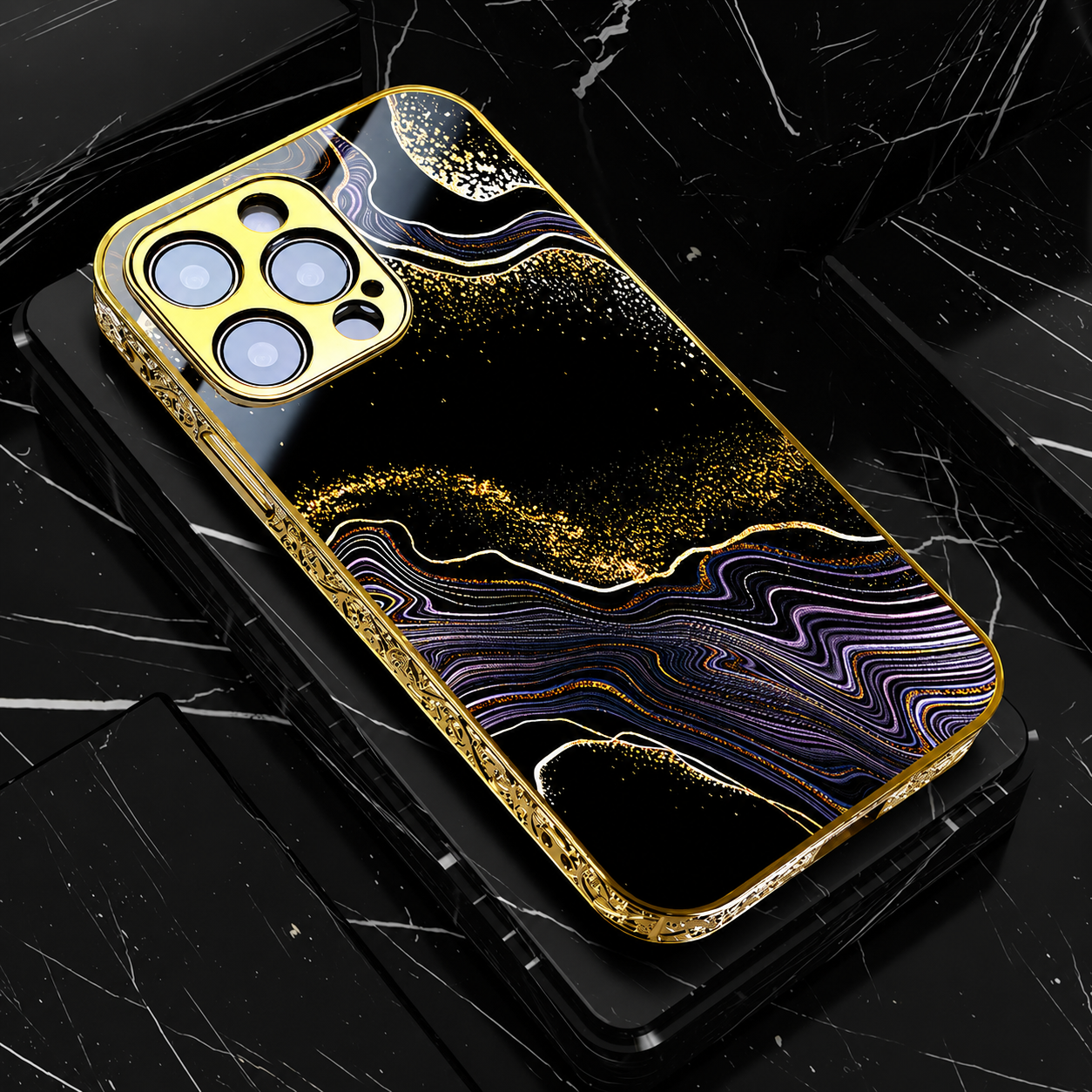 Premium iPhone Case MagSafe Compatible Black Marble Texture Cover Gold Edge Shockproof Protection