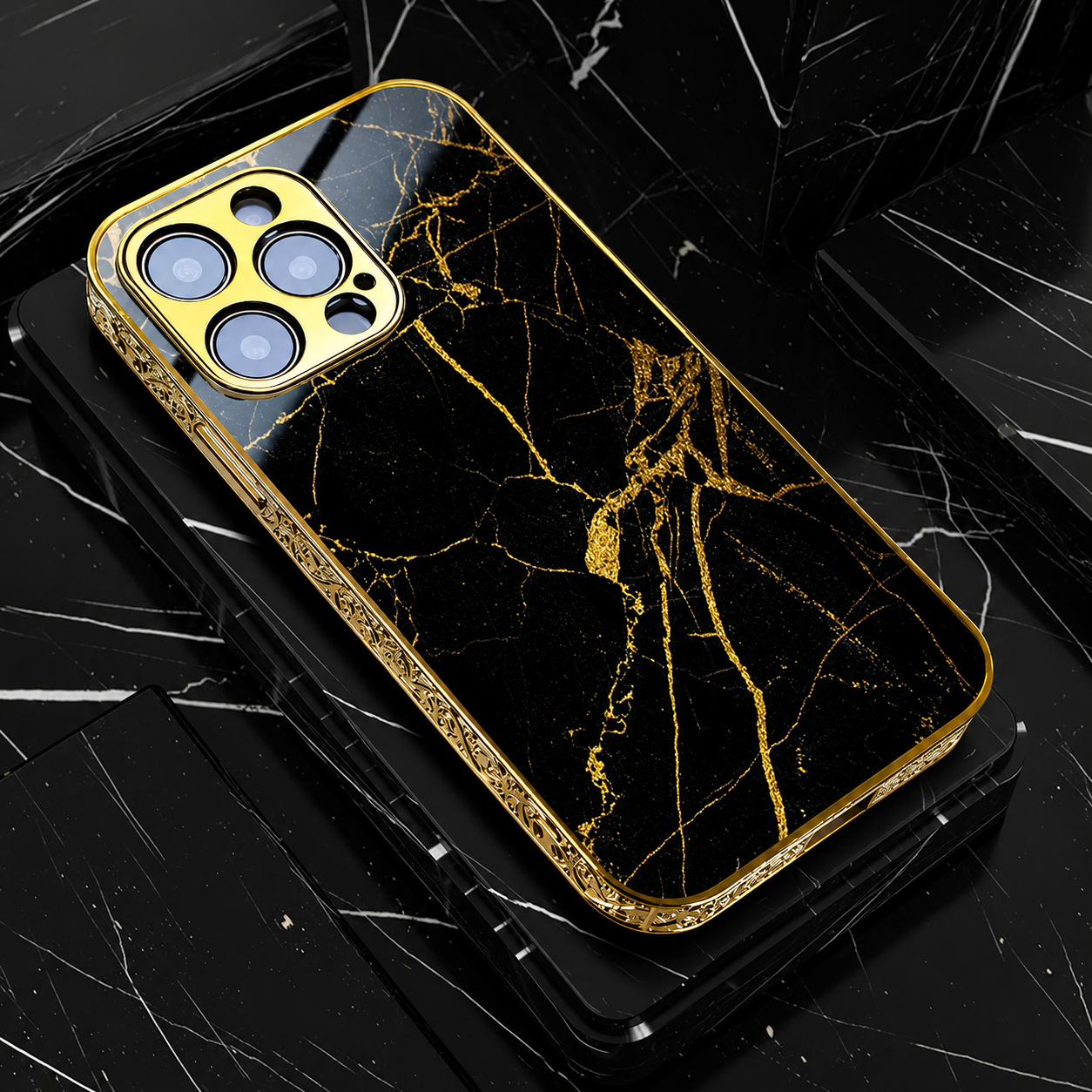 Premium iPhone Case MagSafe Compatible Black Marble Texture Cover Gold Edge Shockproof Protection
