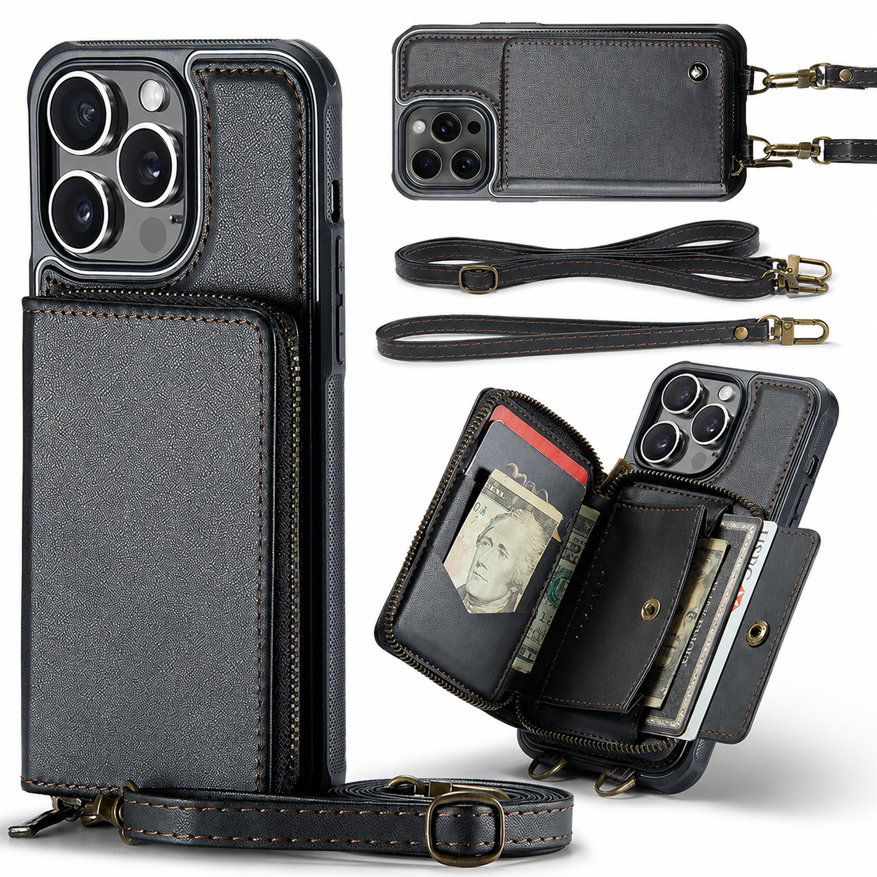 Premium iPhone Case MagSafe Compatible Crossbody Wallet Cover PU Leather Card Holder Stand Full Protection